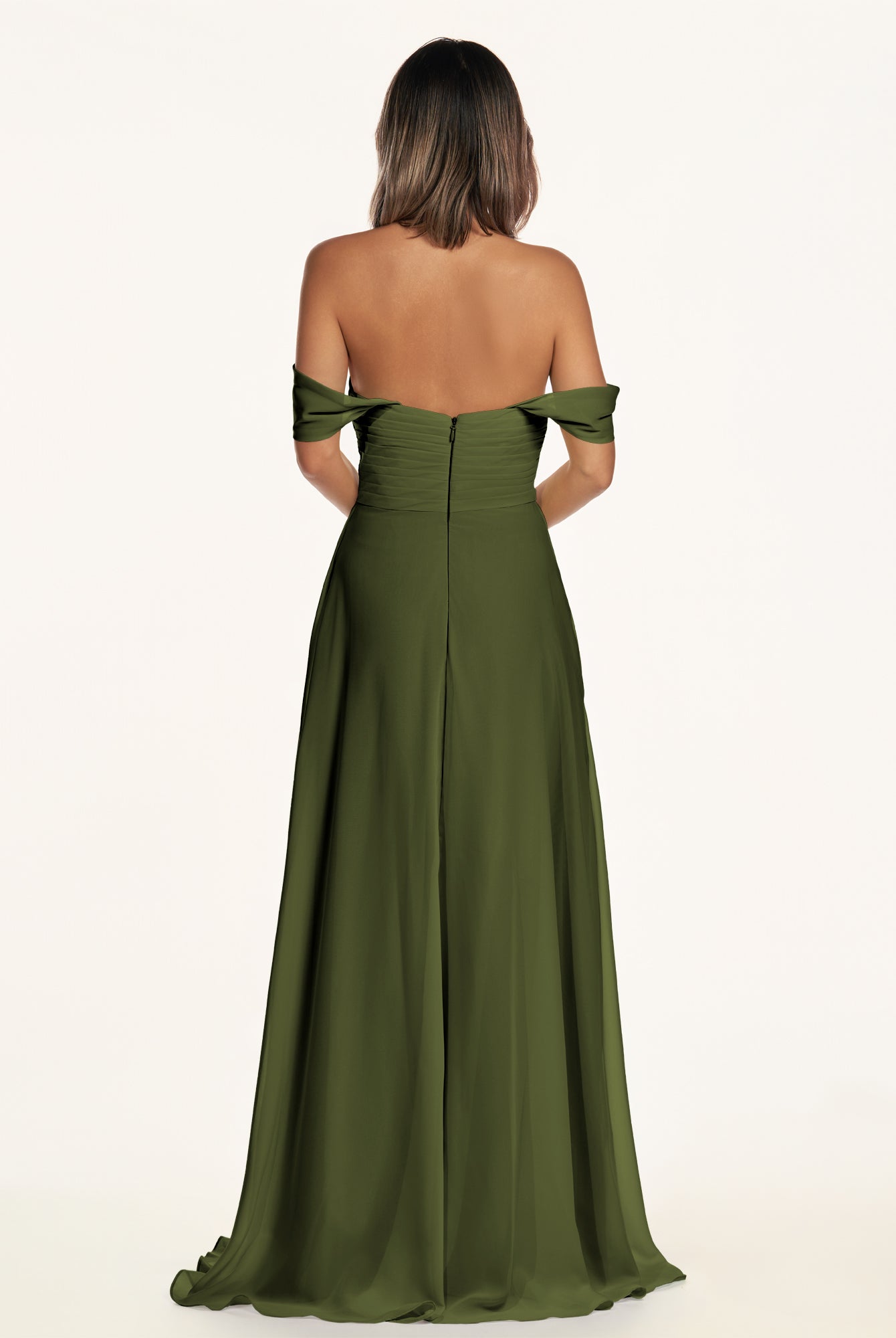 KissDress-Breona Olive A Line Chiffon Off the Shoulder Twisted Long Bridesmaid Dress