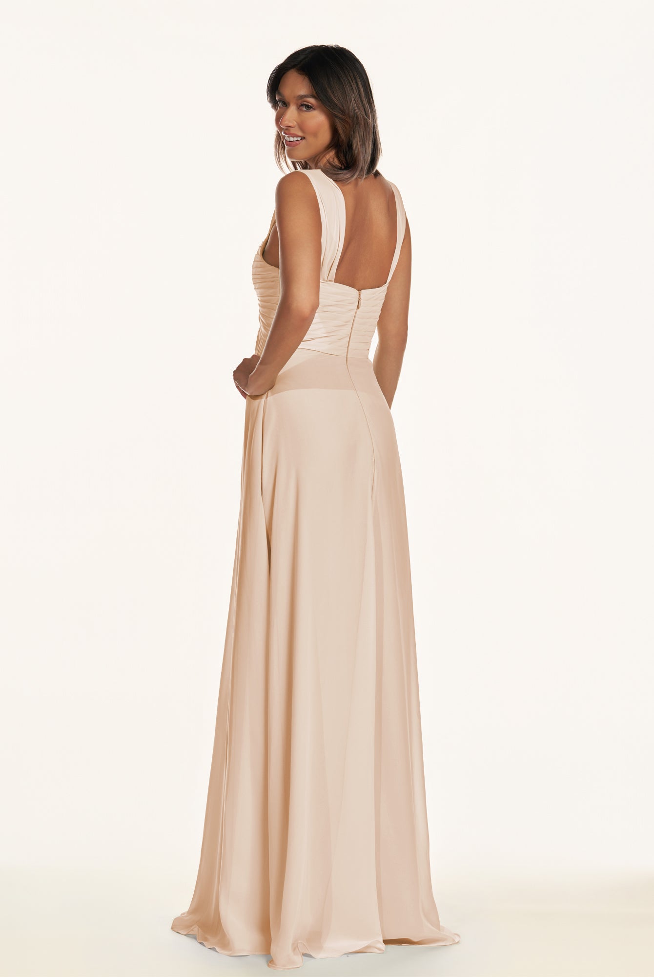 KissDress-Breona Pale Blush A Line Chiffon Off the Shoulder Twisted Long Bridesmaid Dress