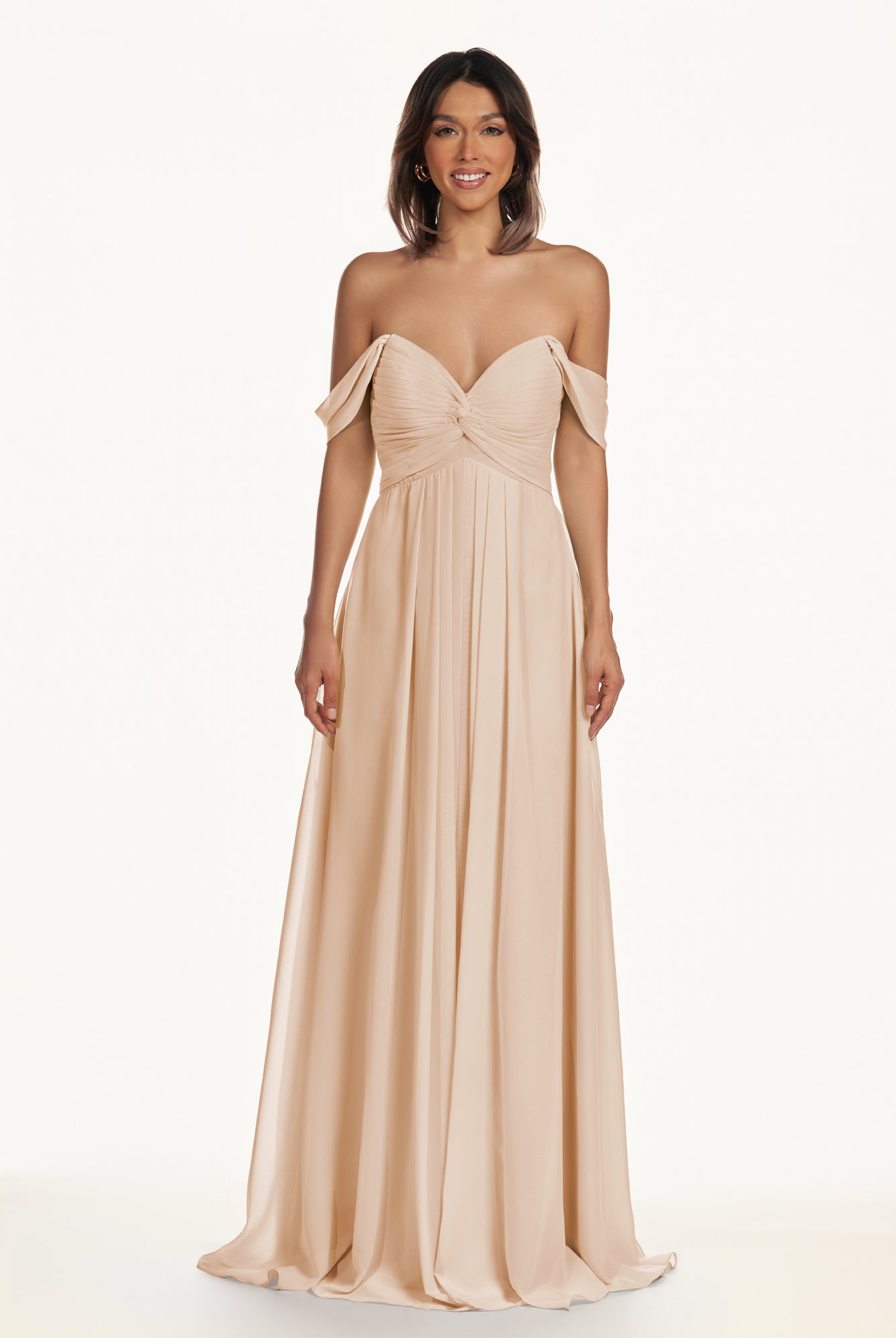 KissDress-Breona Pale Blush A Line Chiffon Off the Shoulder Twisted Long Bridesmaid Dress