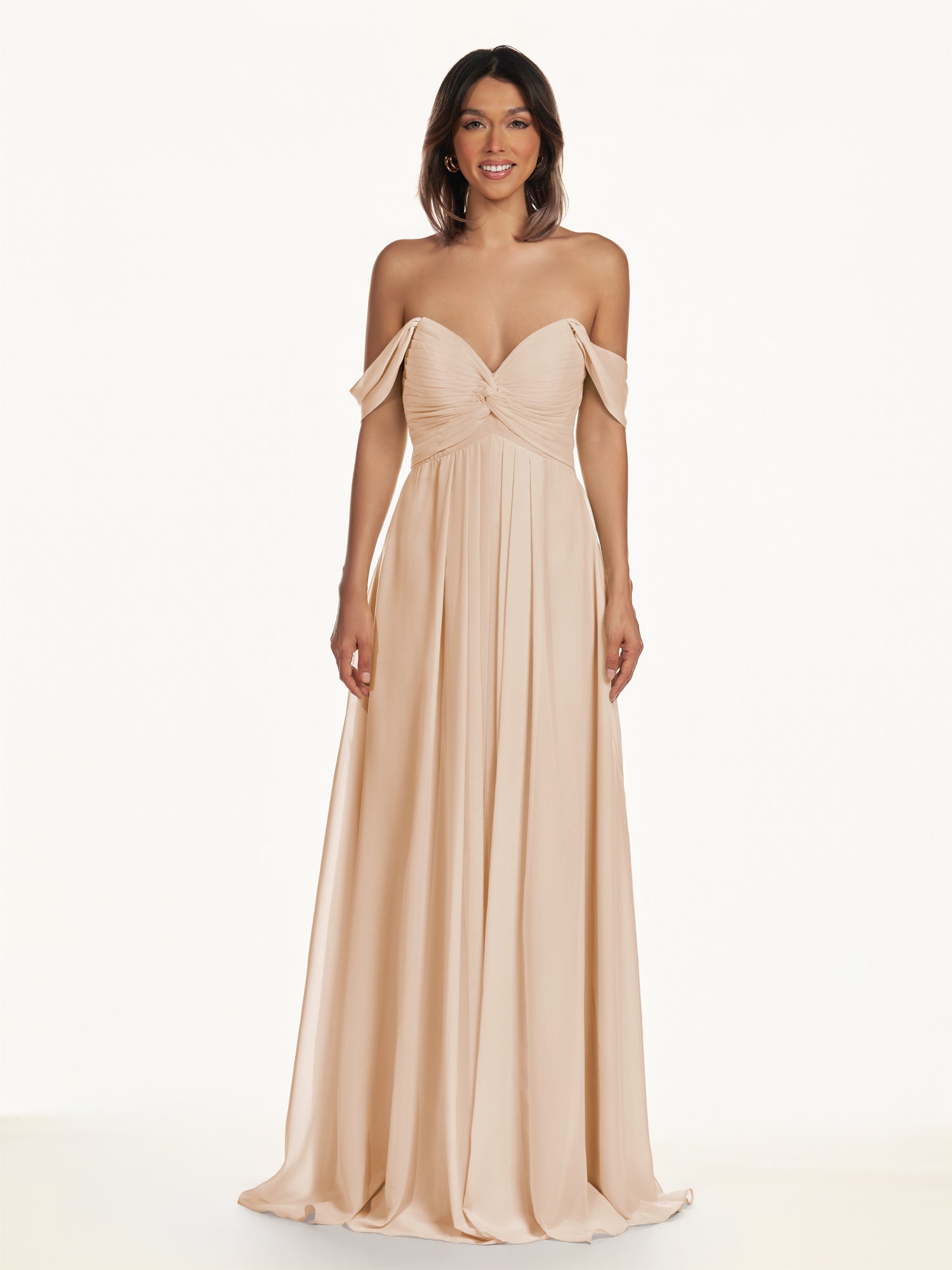 KissDress-Breona Pale Blush A Line Chiffon Off the Shoulder Twisted Long Bridesmaid Dress
