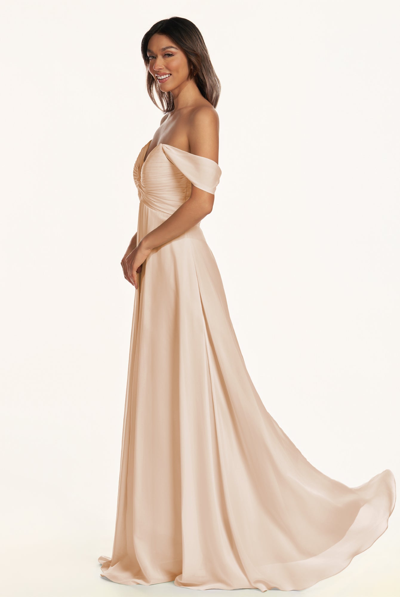 KissDress-Breona Pale Blush A Line Chiffon Off the Shoulder Twisted Long Bridesmaid Dress