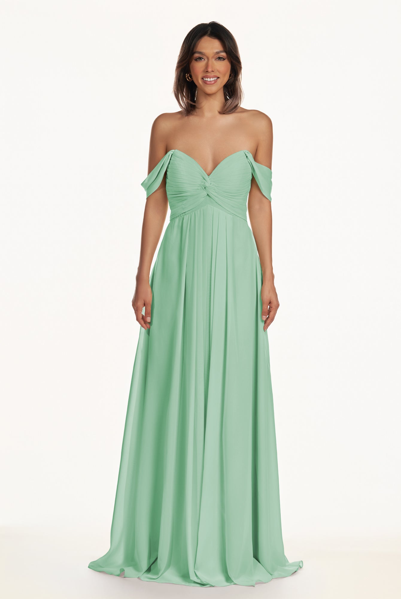 KissDress-Breona Pale Pistachio A Line Chiffon Off the Shoulder Twisted Long Bridesmaid Dress