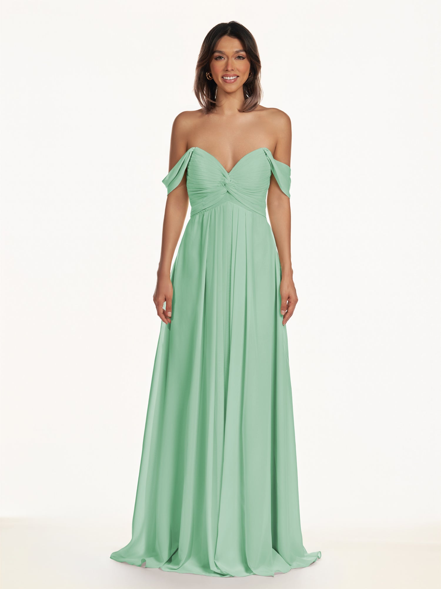 KissDress-Breona Pale Pistachio A Line Chiffon Off the Shoulder Twisted Long Bridesmaid Dress