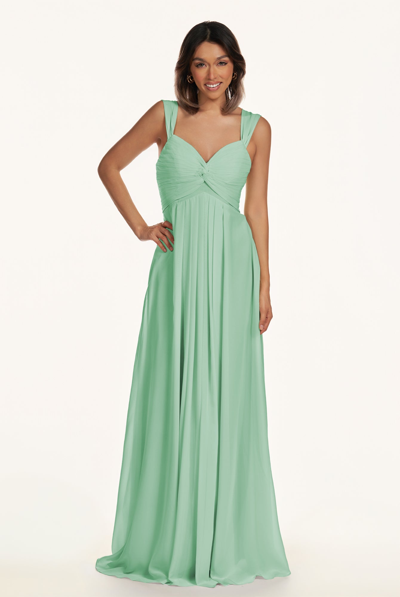 KissDress-Breona Pale Pistachio A Line Chiffon Off the Shoulder Twisted Long Bridesmaid Dress
