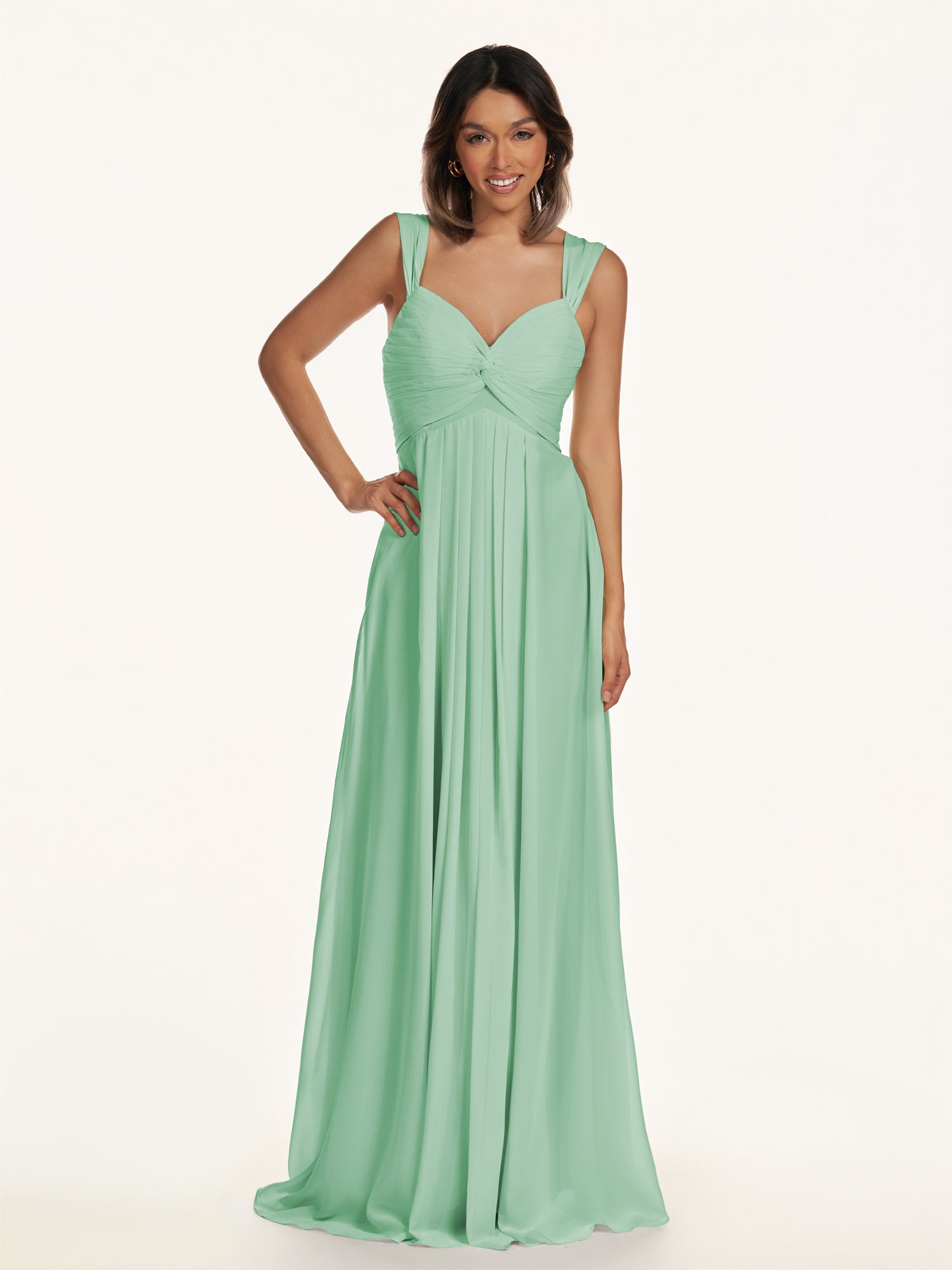 KissDress-Breona Pale Pistachio A Line Chiffon Off the Shoulder Twisted Long Bridesmaid Dress