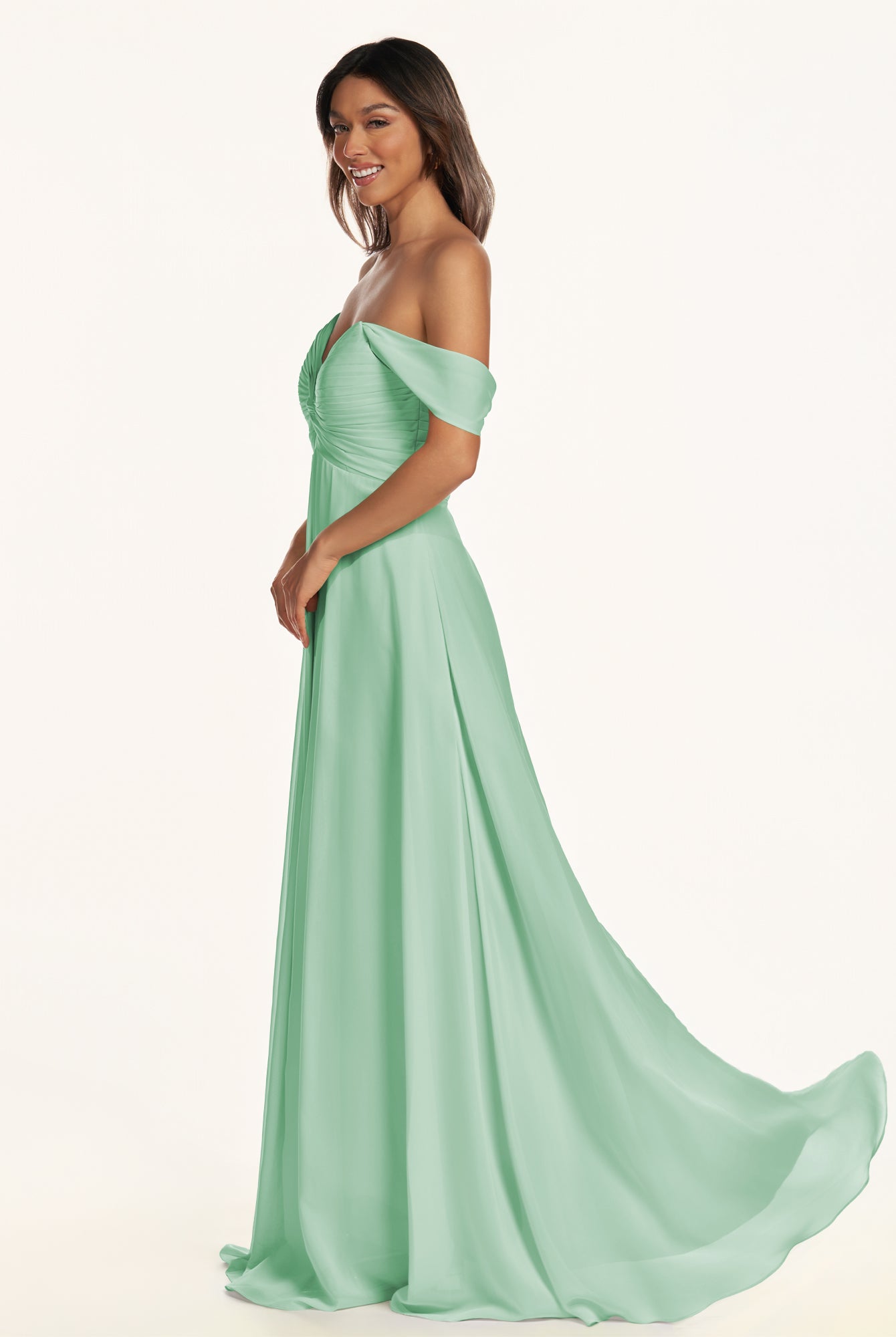 KissDress-Breona Pale Pistachio A Line Chiffon Off the Shoulder Twisted Long Bridesmaid Dress