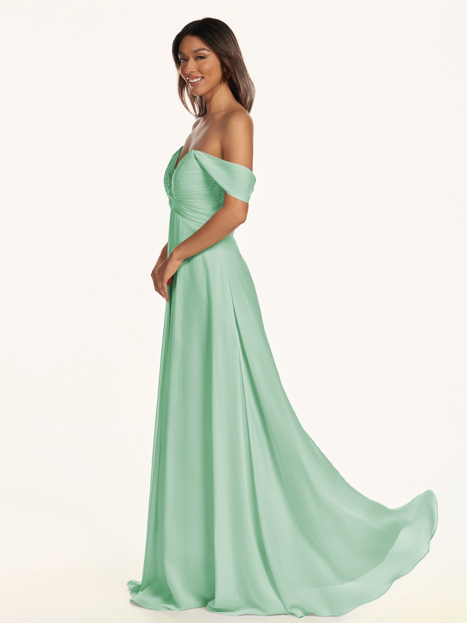 KissDress-Breona Pale Pistachio A Line Chiffon Off the Shoulder Twisted Long Bridesmaid Dress