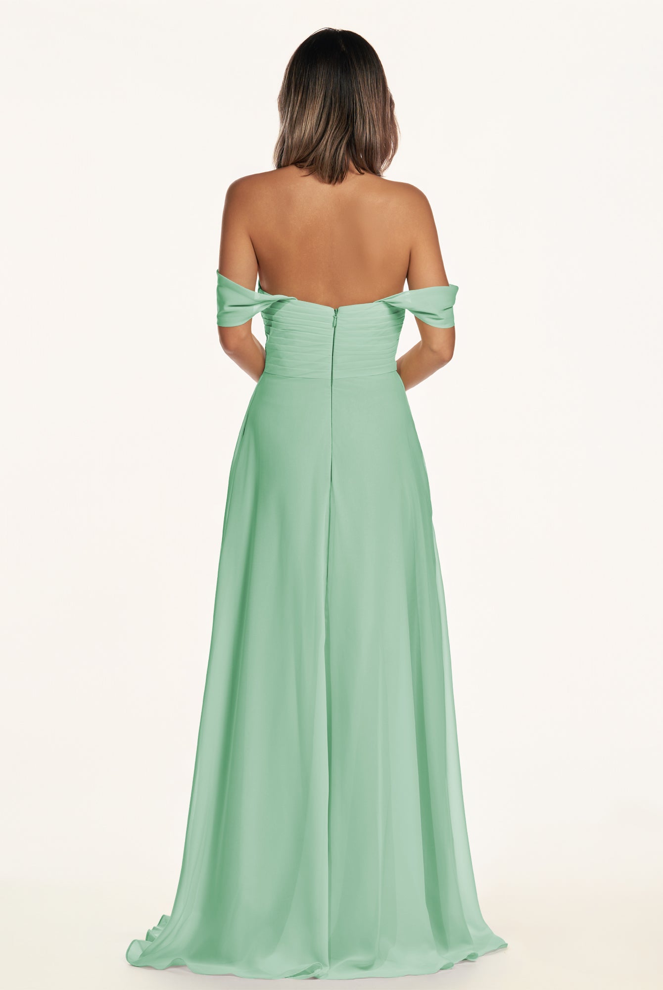 KissDress-Breona Pale Pistachio A Line Chiffon Off the Shoulder Twisted Long Bridesmaid Dress