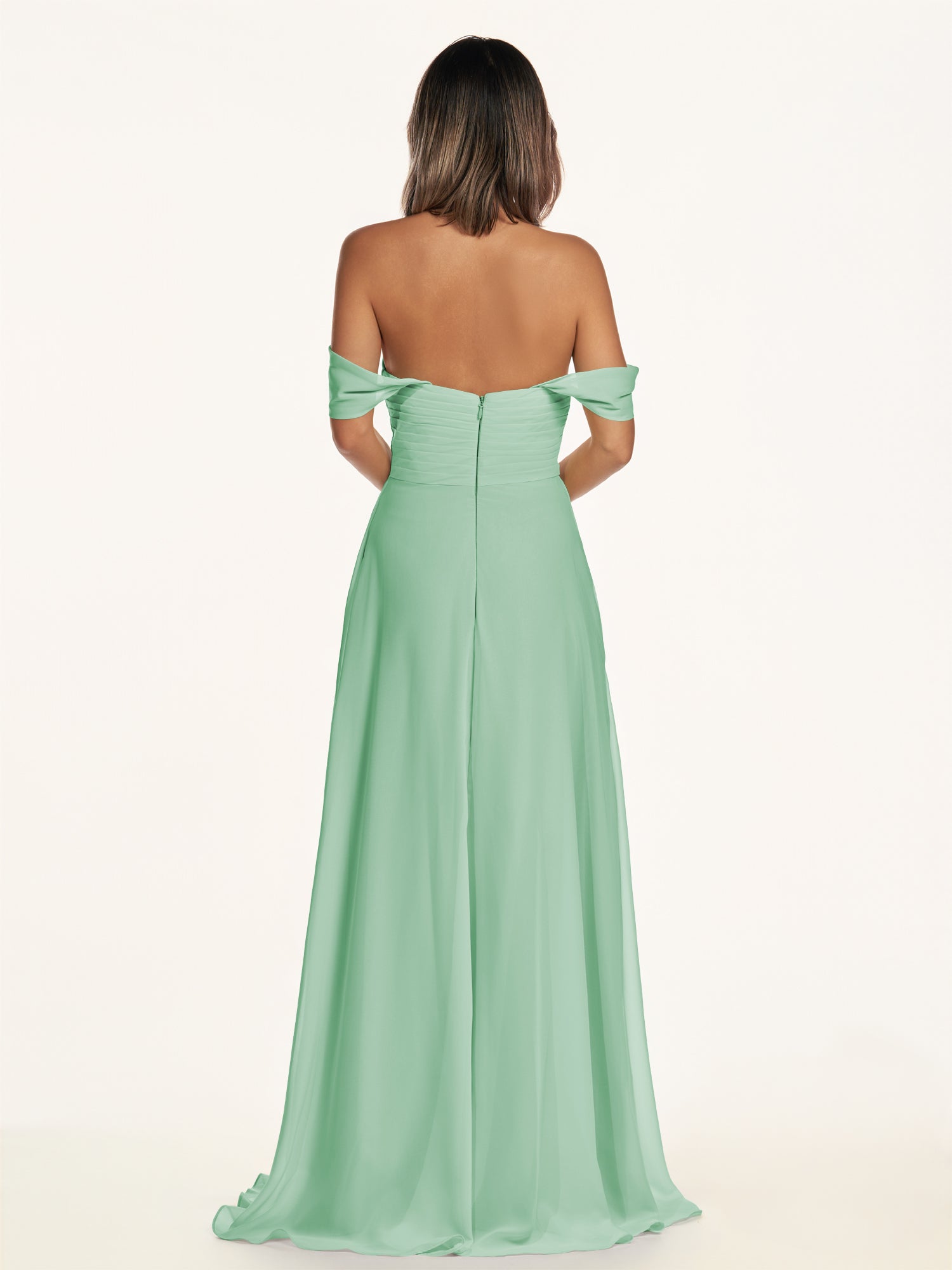 KissDress-Breona Pale Pistachio A Line Chiffon Off the Shoulder Twisted Long Bridesmaid Dress