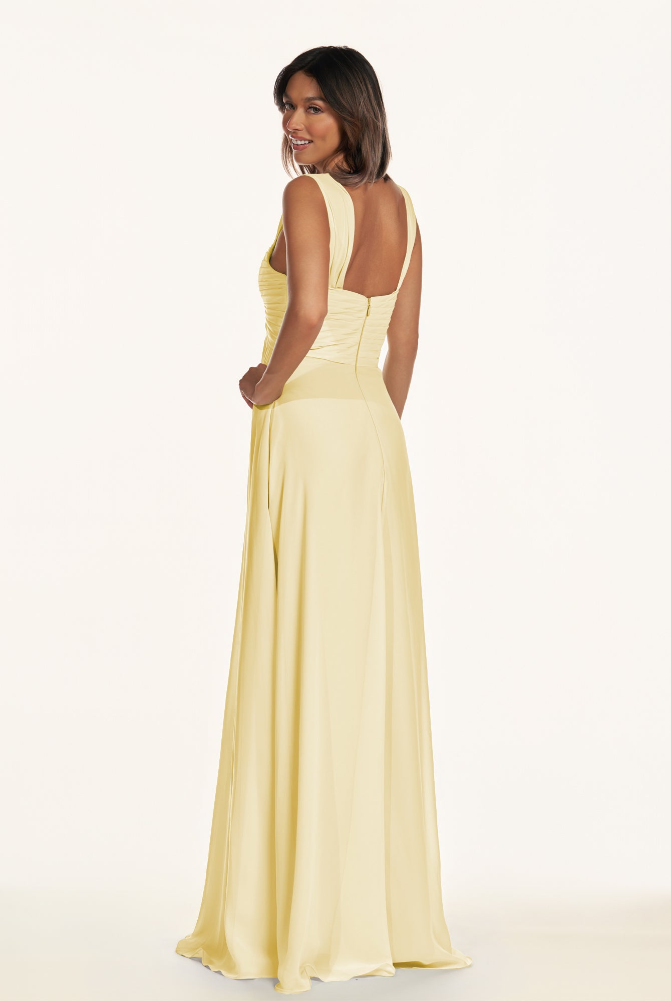 KissDress-Breona Pastel Yellow A Line Chiffon Off the Shoulder Twisted Long Bridesmaid Dress