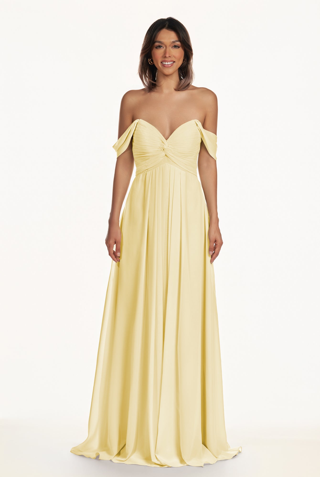KissDress-Breona Pastel Yellow A Line Chiffon Off the Shoulder Twisted Long Bridesmaid Dress