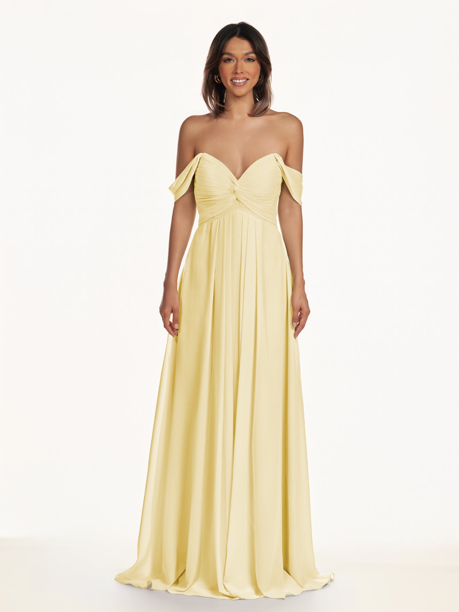 KissDress-Breona Pastel Yellow A Line Chiffon Off the Shoulder Twisted Long Bridesmaid Dress