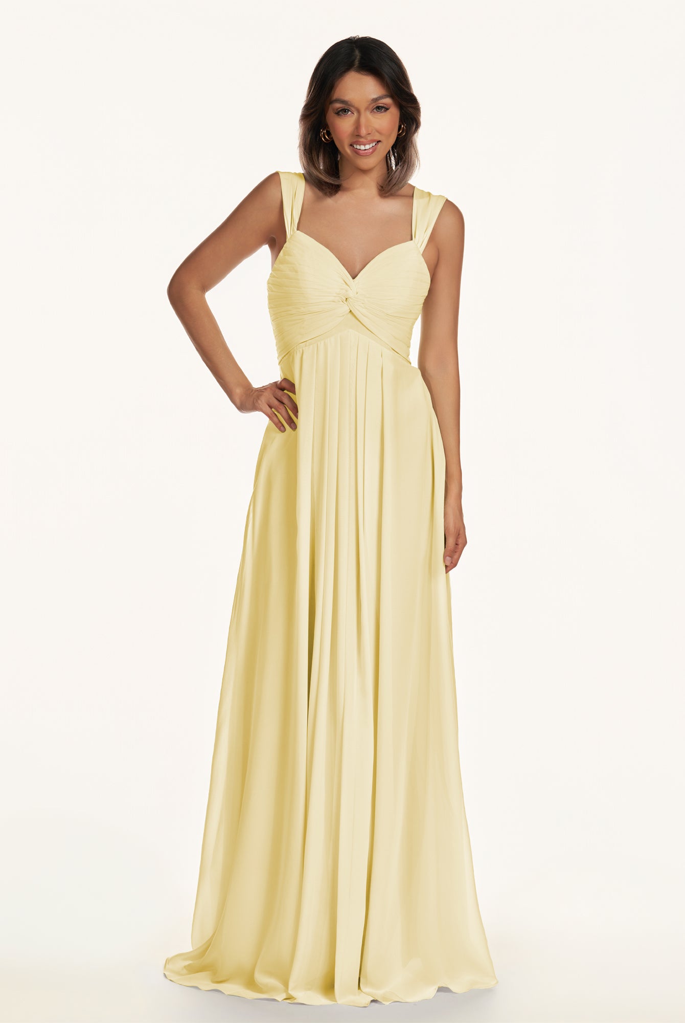 KissDress-Breona Pastel Yellow A Line Chiffon Off the Shoulder Twisted Long Bridesmaid Dress