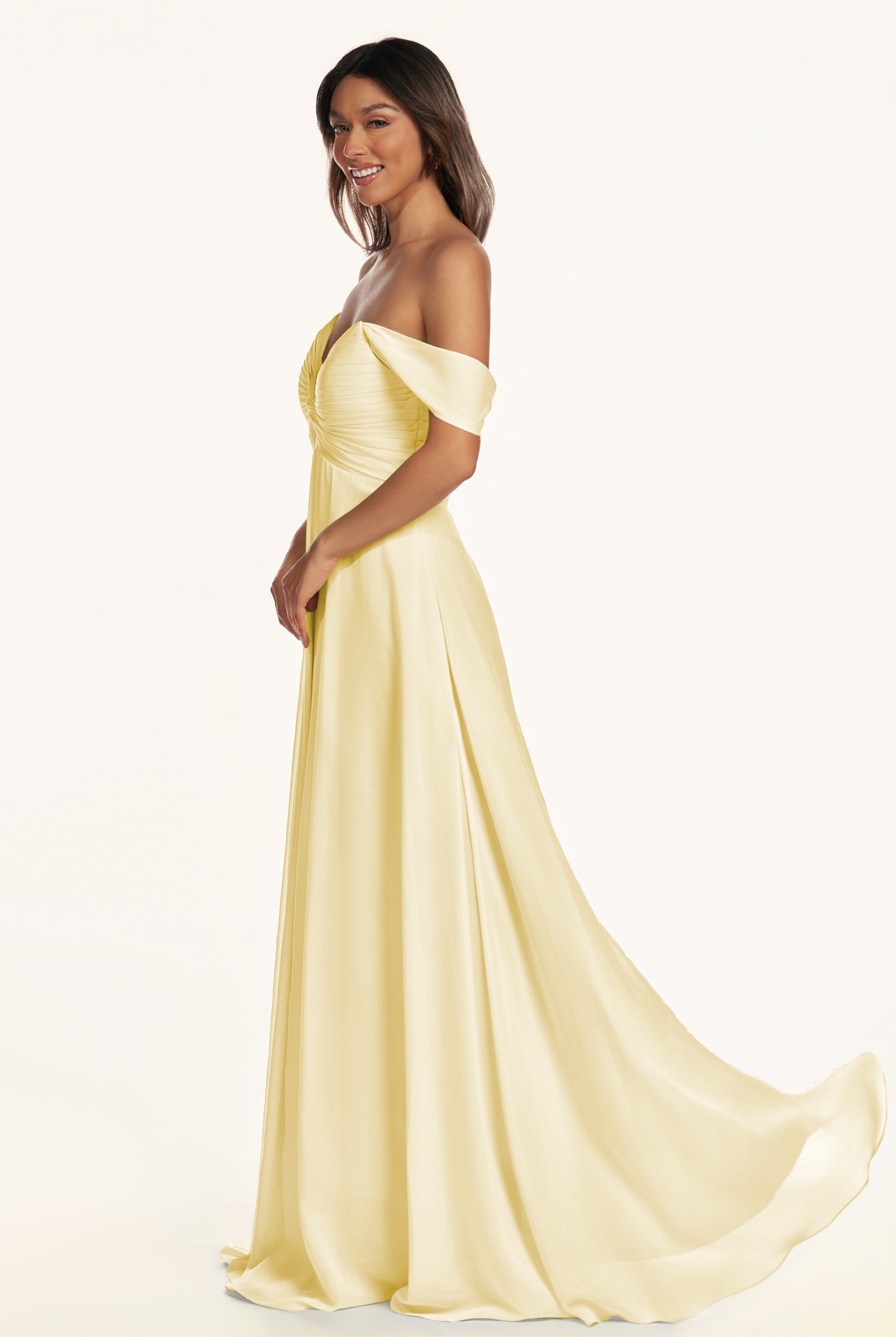 KissDress-Breona Pastel Yellow A Line Chiffon Off the Shoulder Twisted Long Bridesmaid Dress