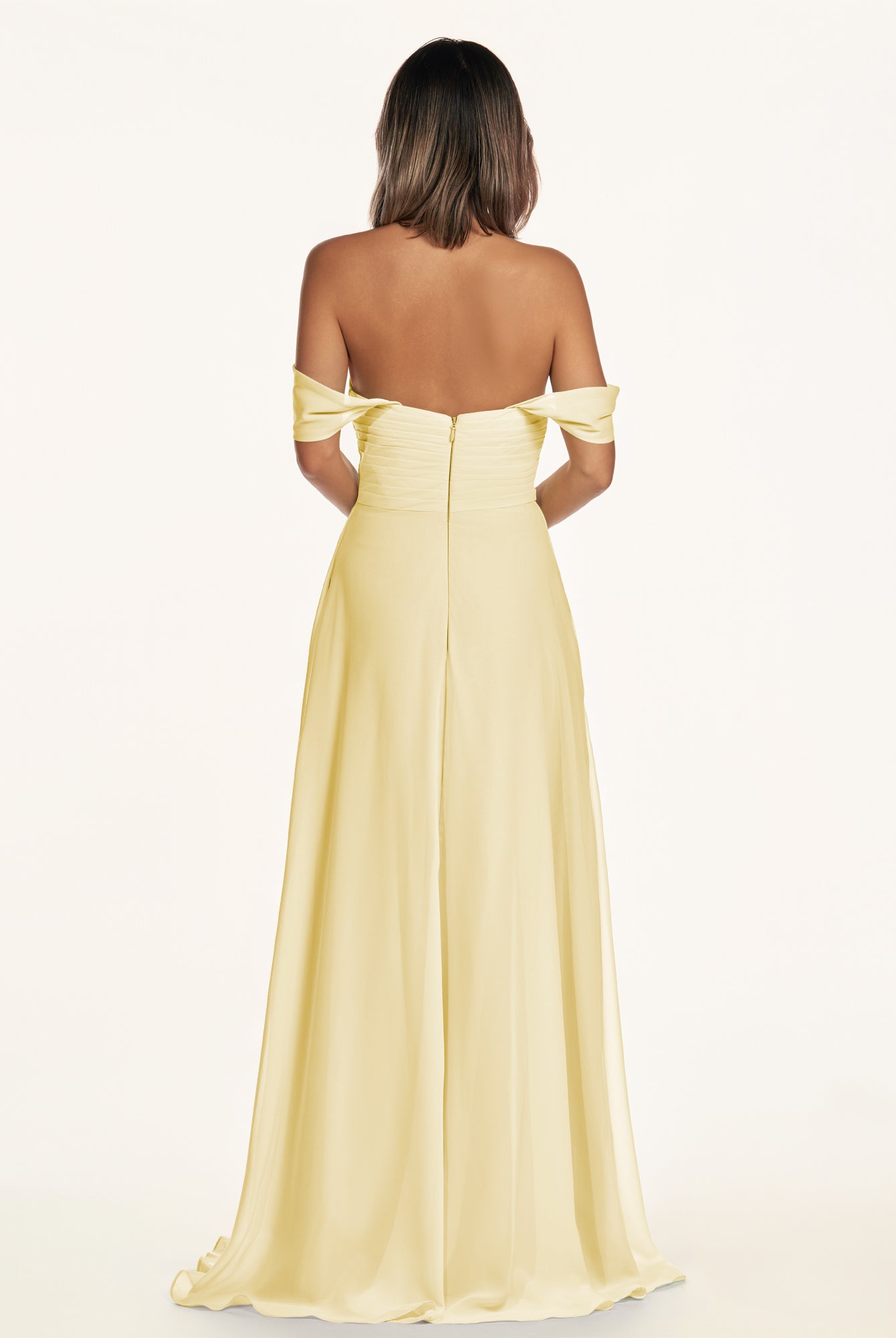 KissDress-Breona Pastel Yellow A Line Chiffon Off the Shoulder Twisted Long Bridesmaid Dress