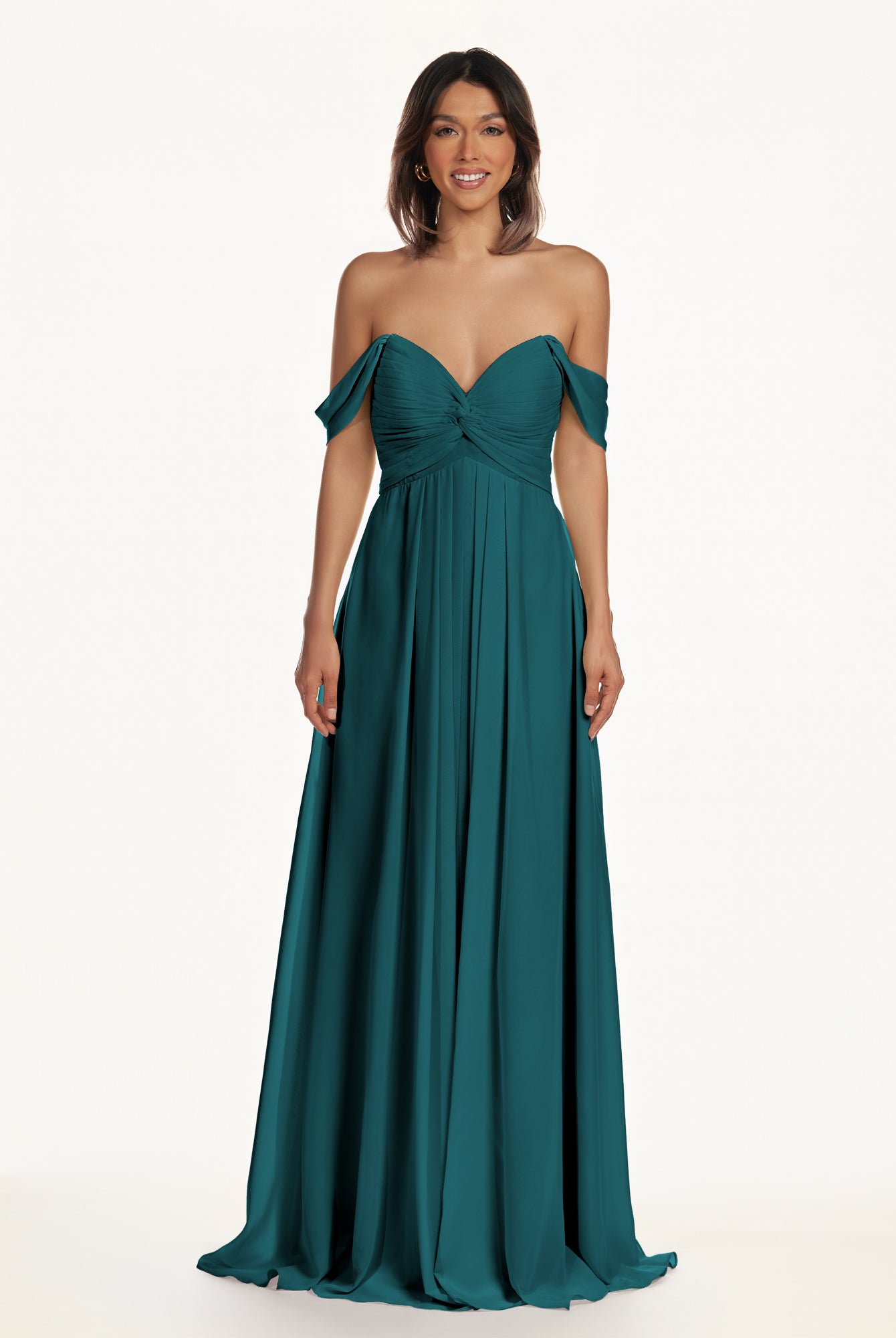 KissDress-Breona Pine A Line Chiffon Off the Shoulder Twisted Long Bridesmaid Dress