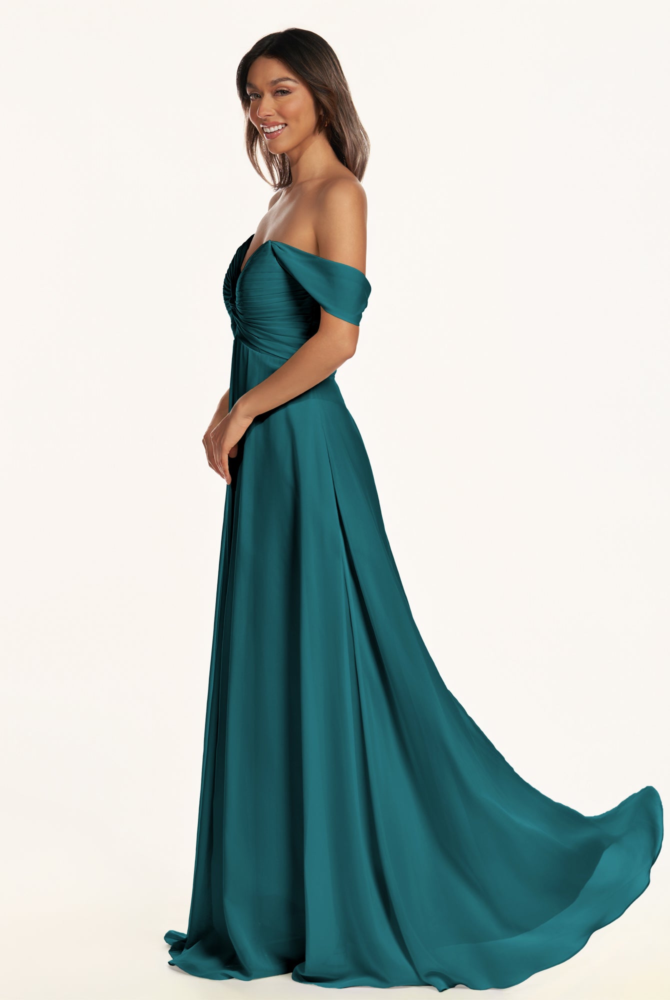 KissDress-Breona Pine A Line Chiffon Off the Shoulder Twisted Long Bridesmaid Dress