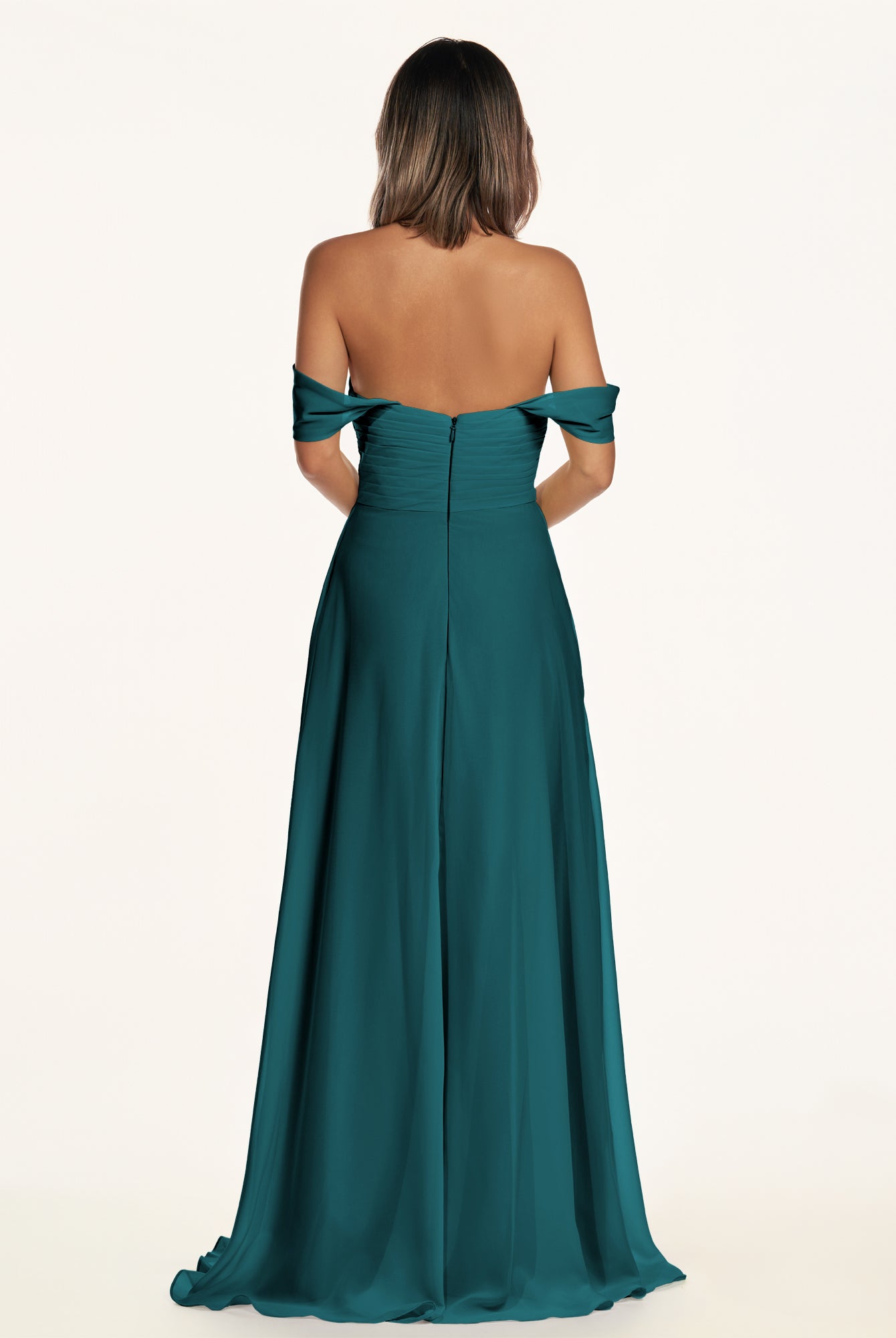 KissDress-Breona Pine A Line Chiffon Off the Shoulder Twisted Long Bridesmaid Dress