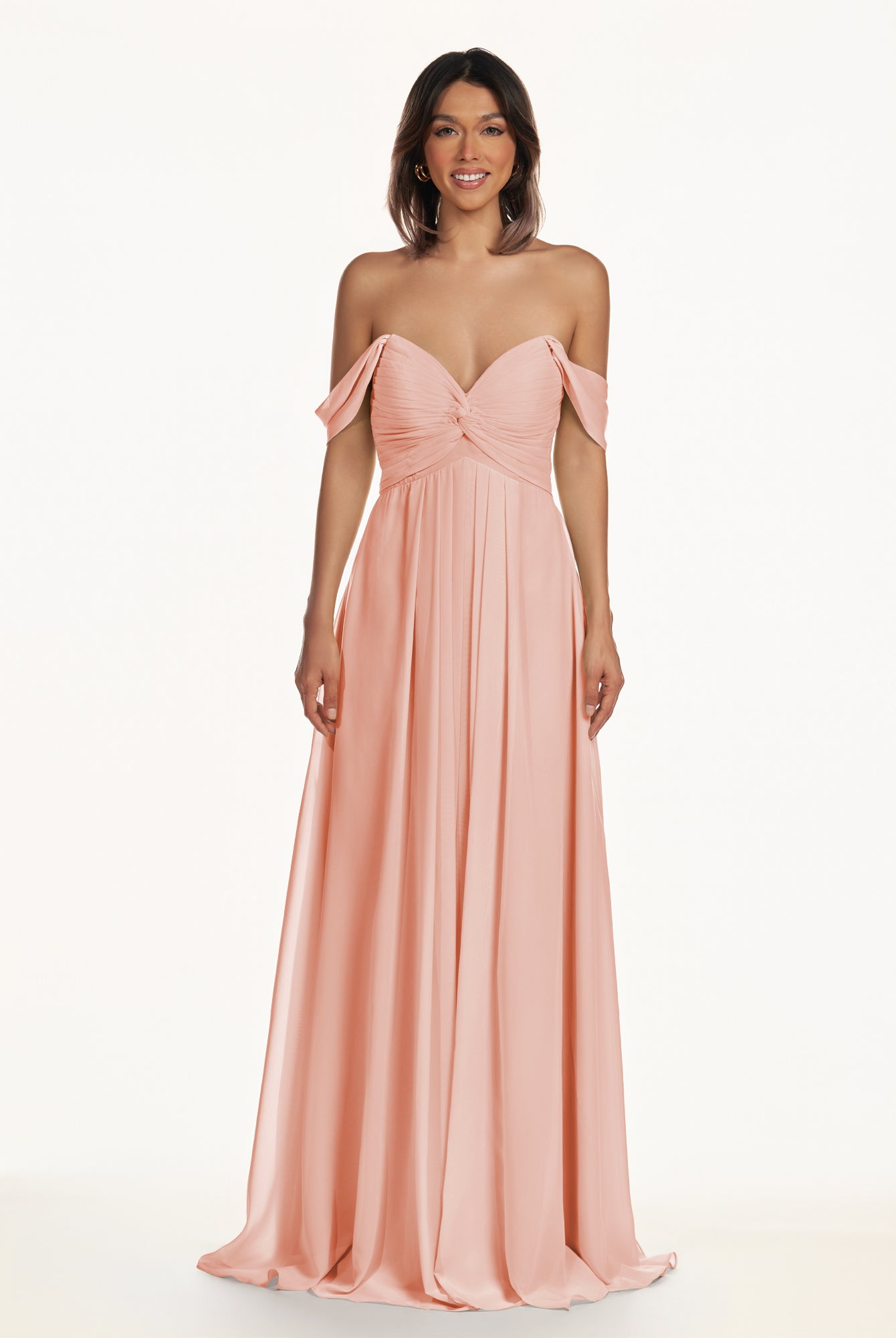 KissDress-Breona Rose Petal A Line Chiffon Off the Shoulder Twisted Long Bridesmaid Dress
