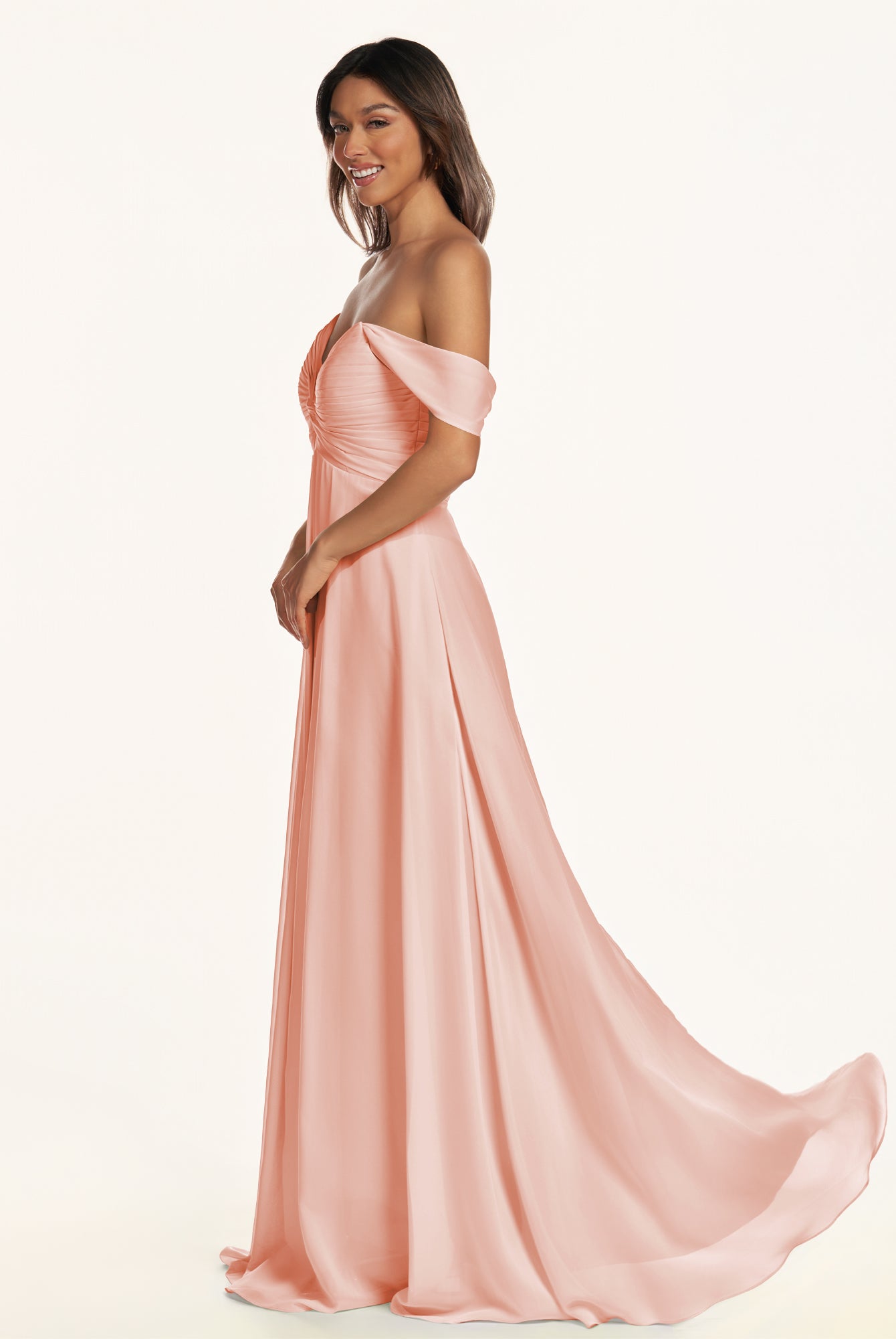 KissDress-Breona Rose Petal A Line Chiffon Off the Shoulder Twisted Long Bridesmaid Dress