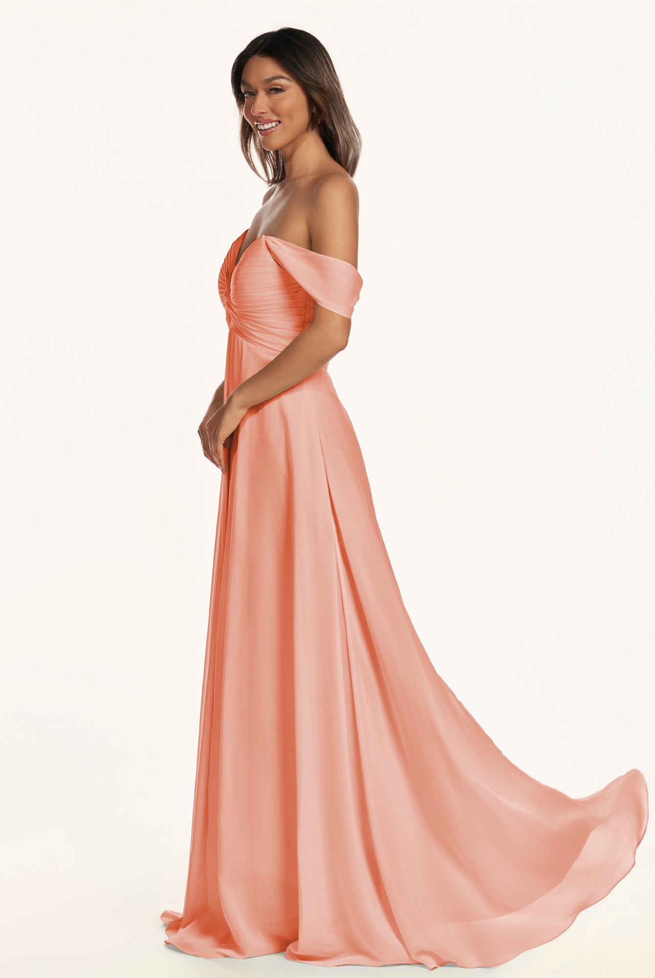 KissDress-Breona Rosette A Line Chiffon Off the Shoulder Twisted Long Bridesmaid Dress