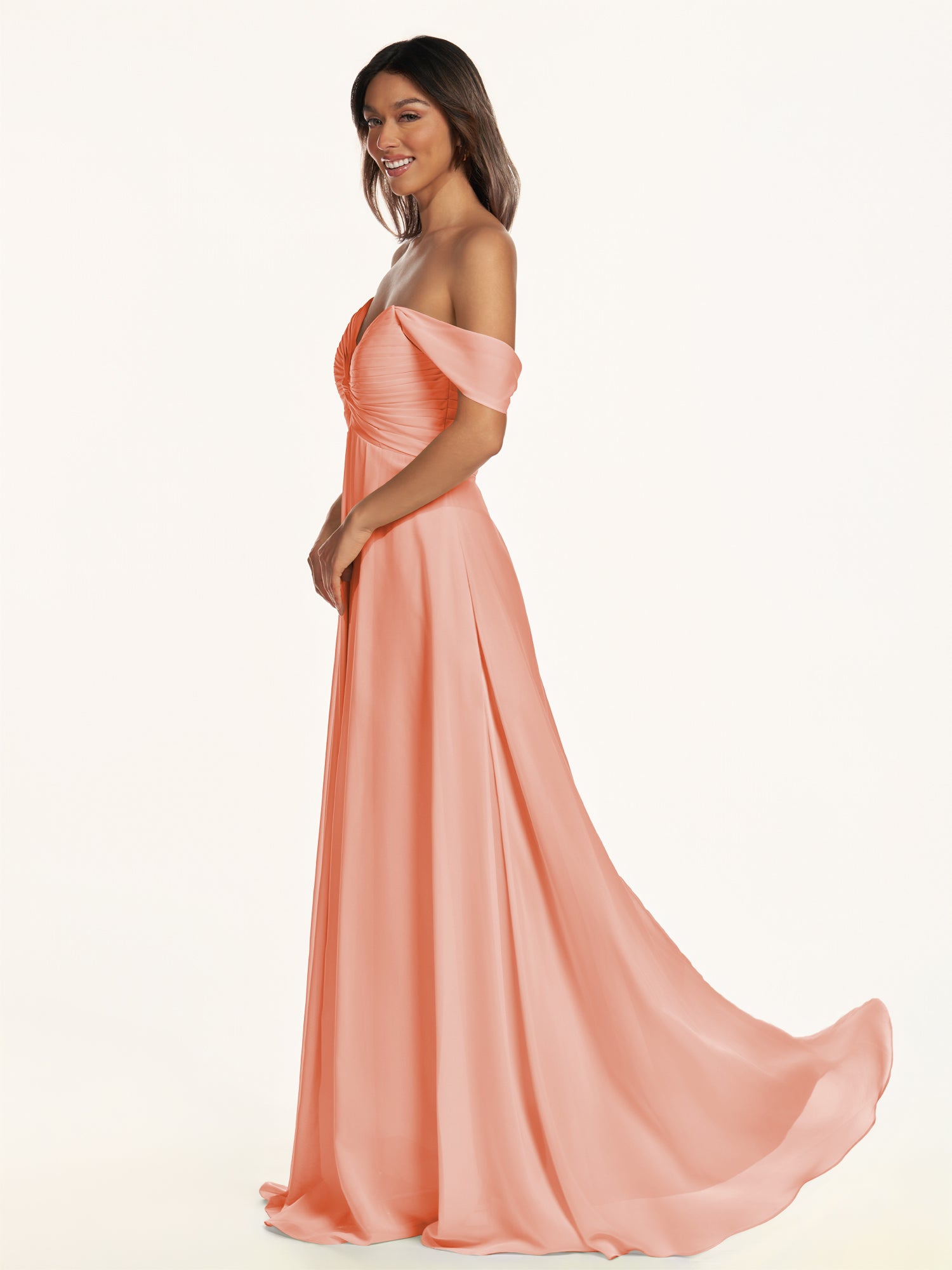 KissDress-Breona Rosette A Line Chiffon Off the Shoulder Twisted Long Bridesmaid Dress