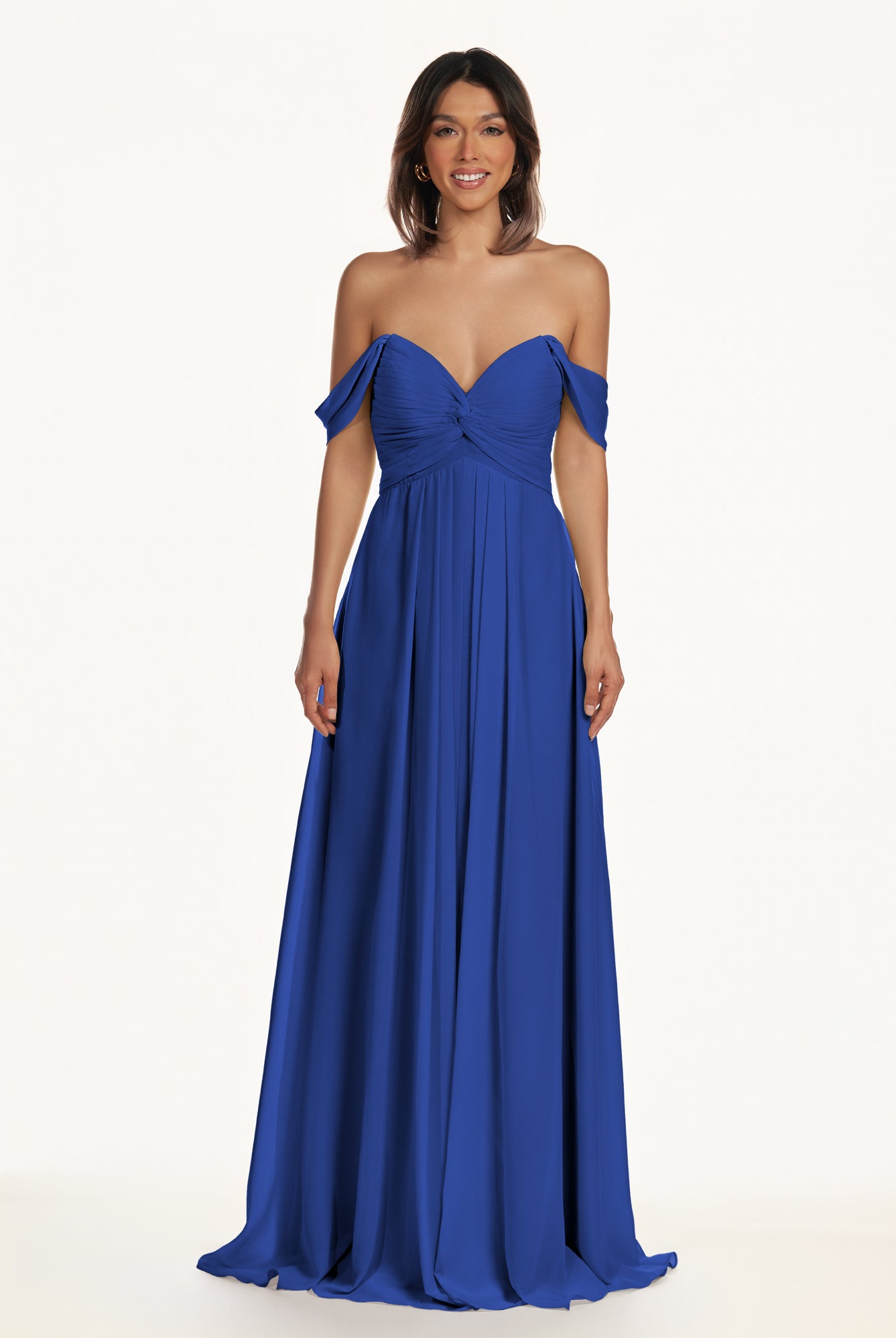 KissDress-Breona Royal Blue A Line Chiffon Off the Shoulder Twisted Long Bridesmaid Dress
