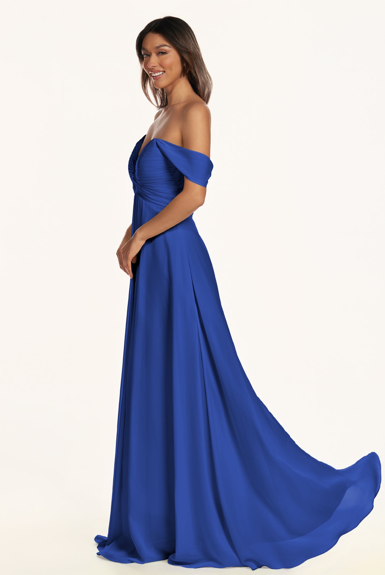 KissDress-Breona Royal Blue A Line Chiffon Off the Shoulder Twisted Long Bridesmaid Dress