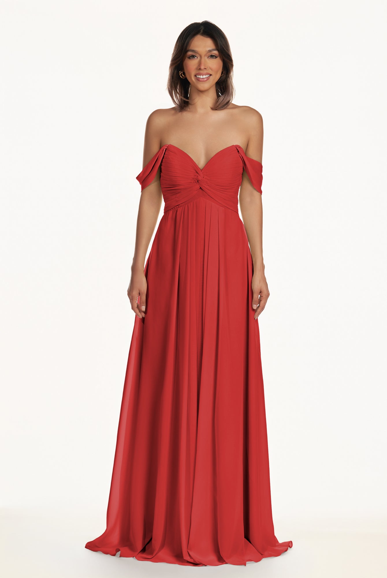 KissDress-Breona Ruby Red A Line Chiffon Off the Shoulder Twisted Long Bridesmaid Dress