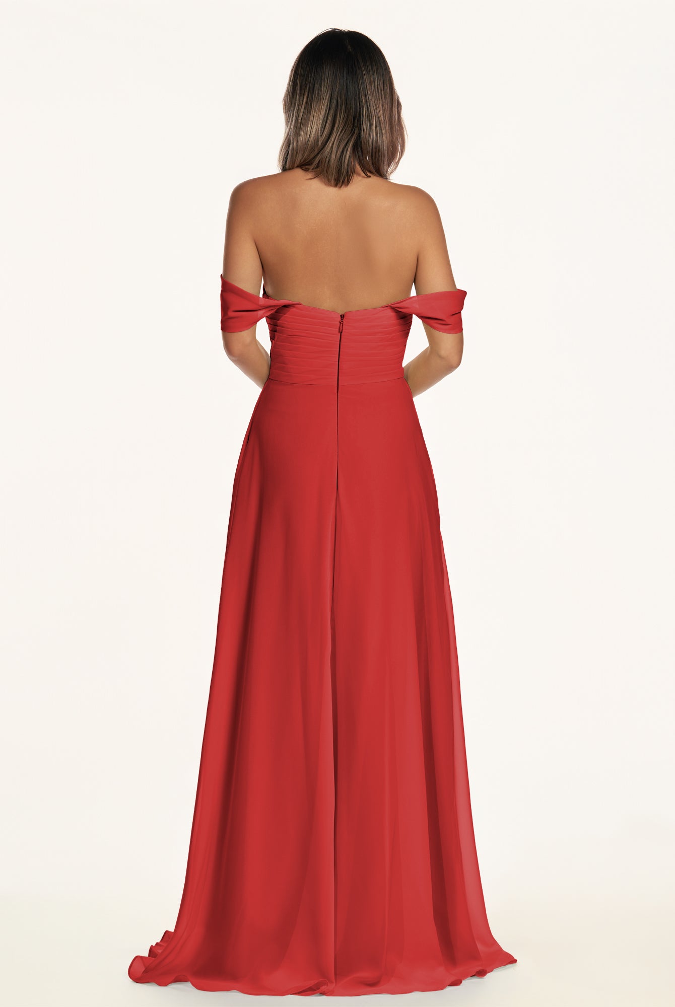 KissDress-Breona Ruby Red A Line Chiffon Off the Shoulder Twisted Long Bridesmaid Dress