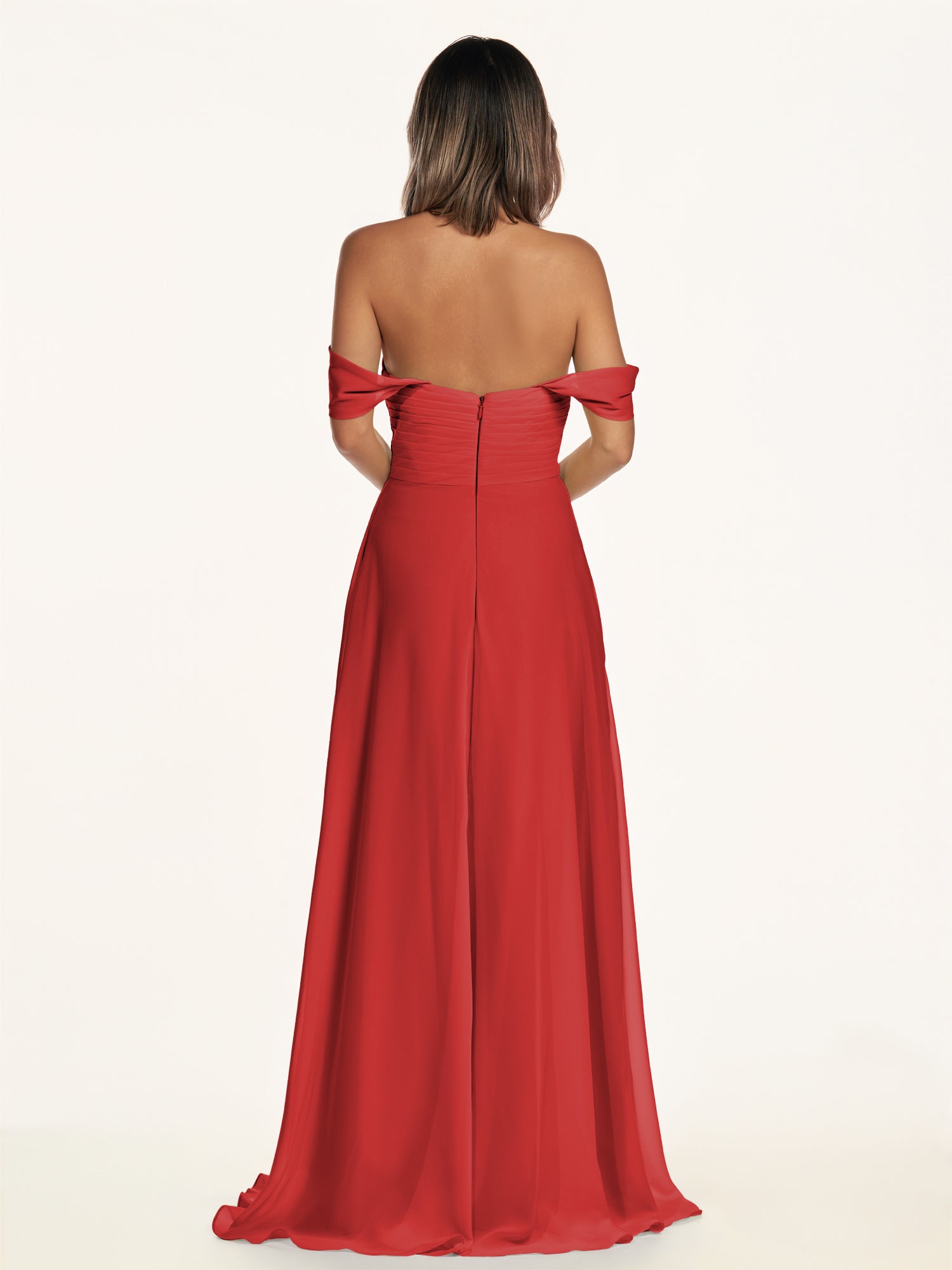 KissDress-Breona Ruby Red A Line Chiffon Off the Shoulder Twisted Long Bridesmaid Dress
