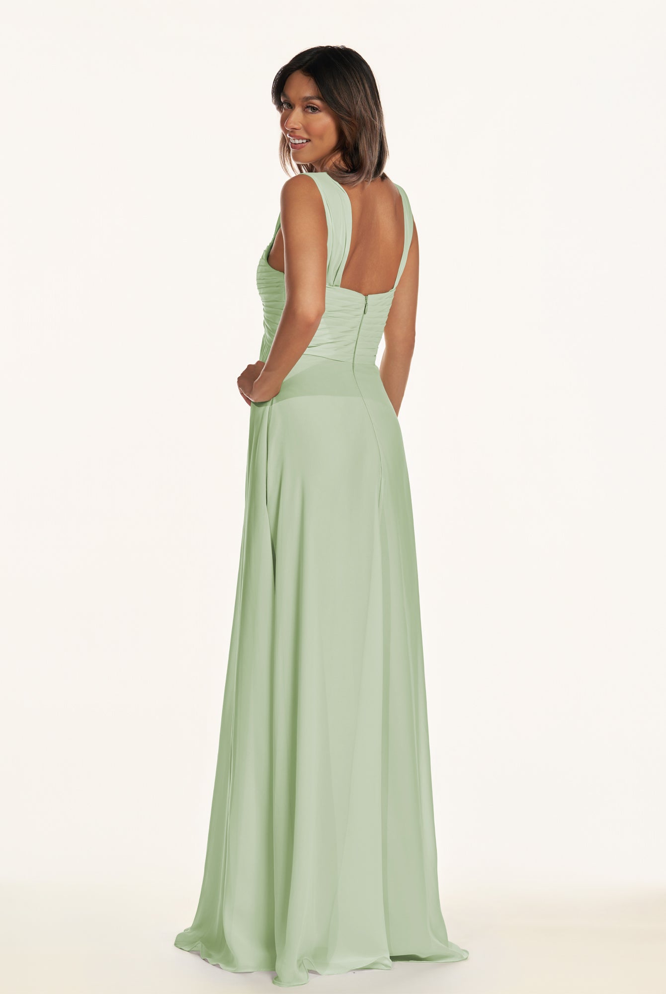 KissDress-Breona Sage A Line Chiffon Off the Shoulder Twisted Long Bridesmaid Dress