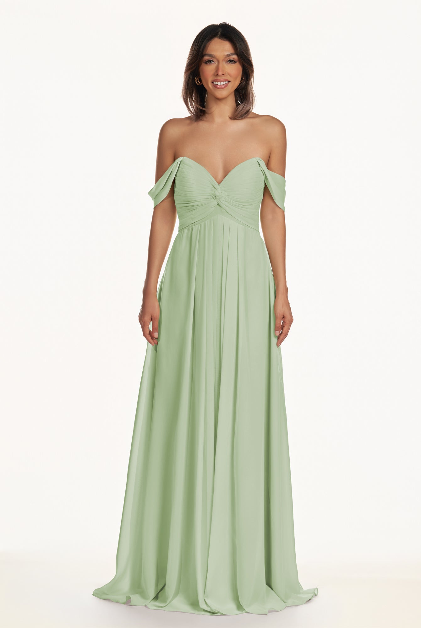 KissDress-Breona Sage A Line Chiffon Off the Shoulder Twisted Long Bridesmaid Dress