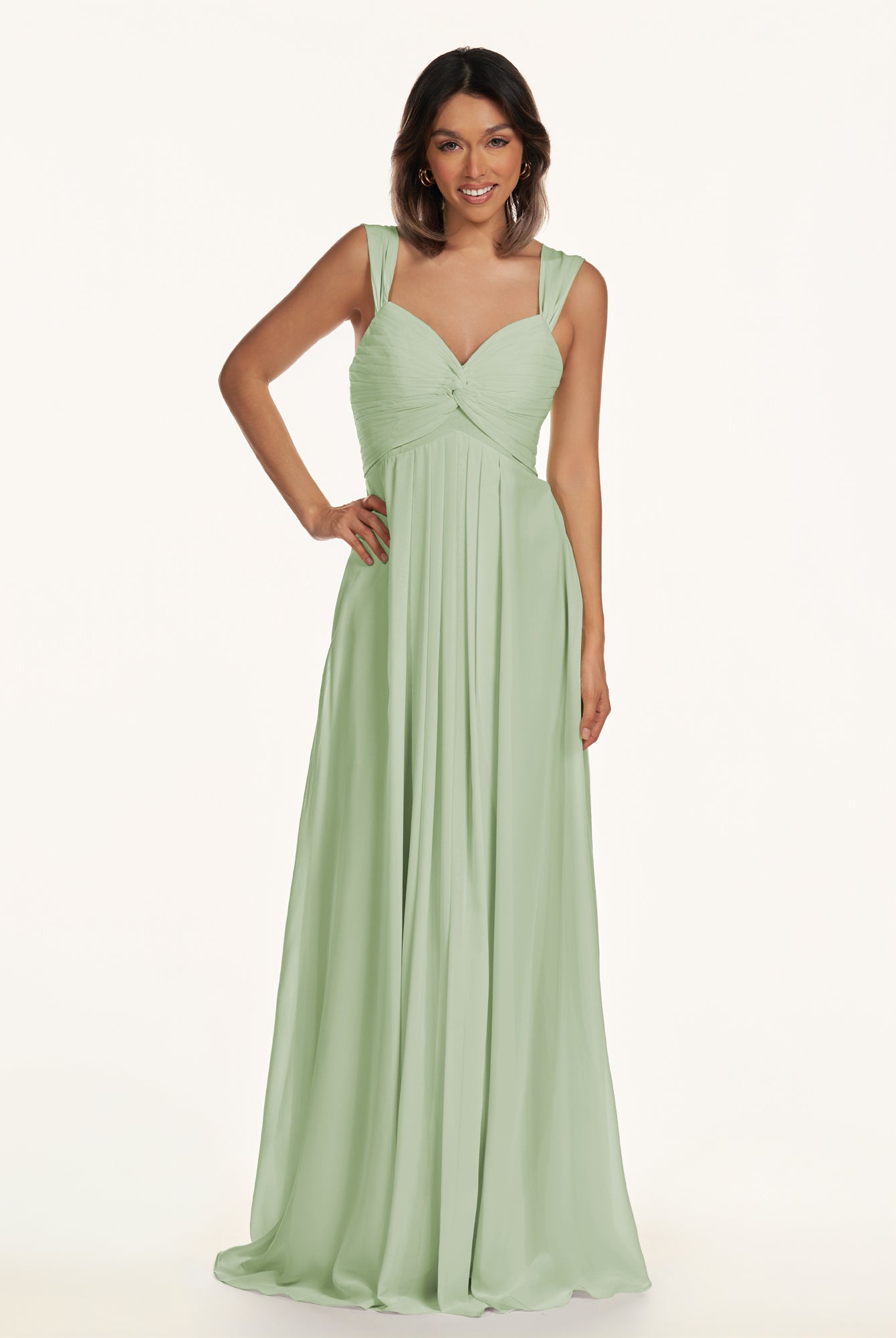 KissDress-Breona Sage A Line Chiffon Off the Shoulder Twisted Long Bridesmaid Dress