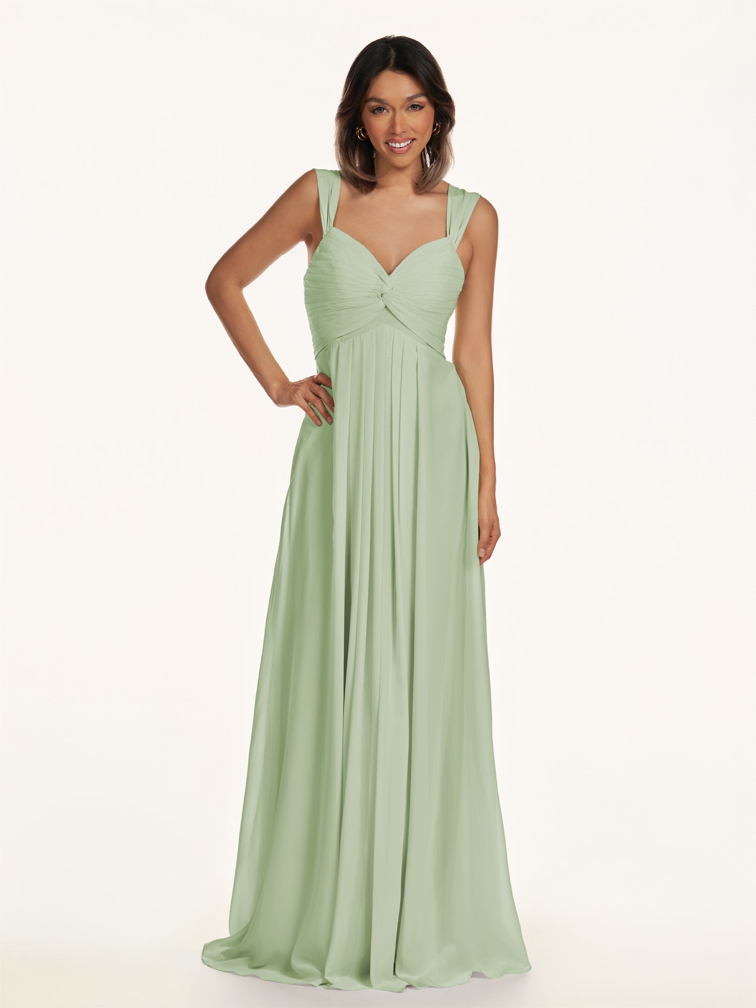 KissDress-Breona Sage A Line Chiffon Off the Shoulder Twisted Long Bridesmaid Dress