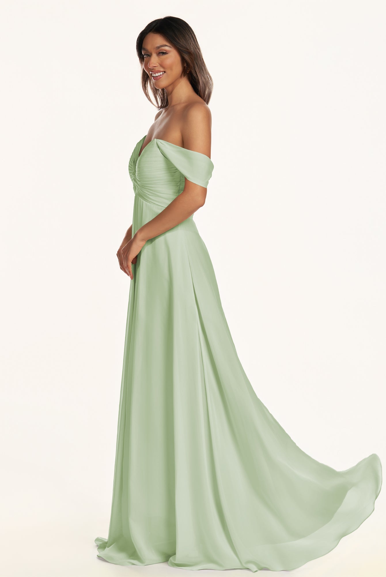 KissDress-Breona Sage A Line Chiffon Off the Shoulder Twisted Long Bridesmaid Dress