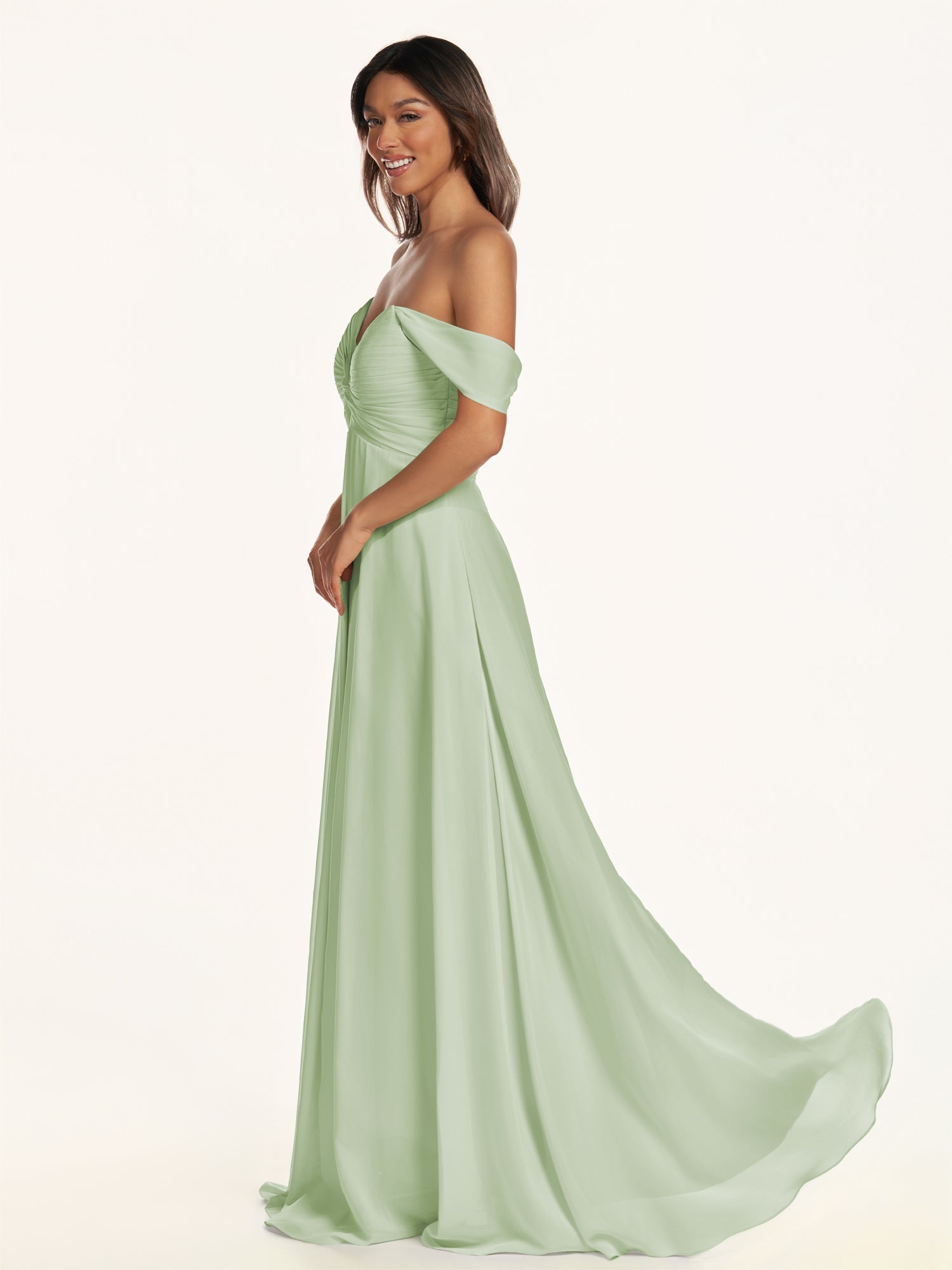 KissDress-Breona Sage A Line Chiffon Off the Shoulder Twisted Long Bridesmaid Dress