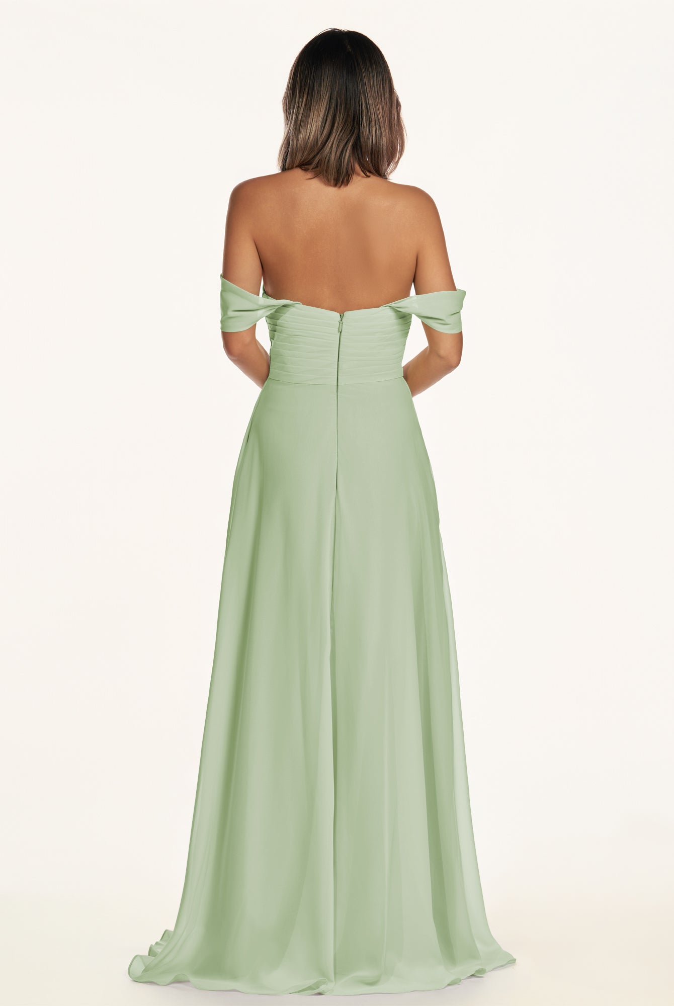 KissDress-Breona Sage A Line Chiffon Off the Shoulder Twisted Long Bridesmaid Dress