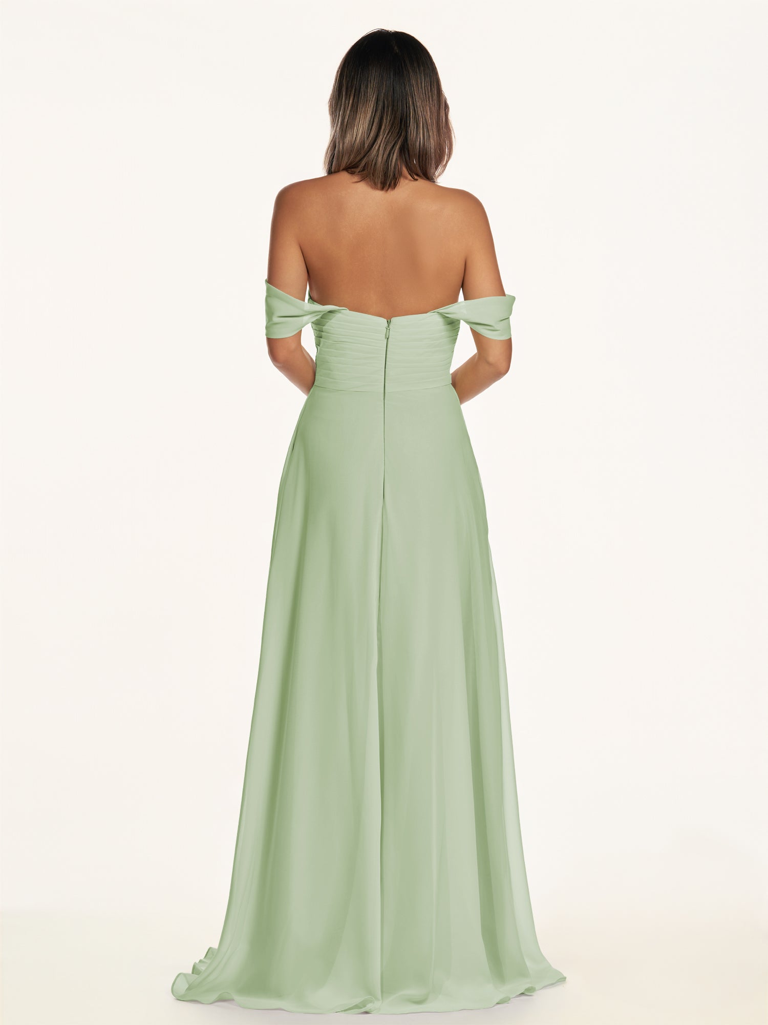 KissDress-Breona Sage A Line Chiffon Off the Shoulder Twisted Long Bridesmaid Dress