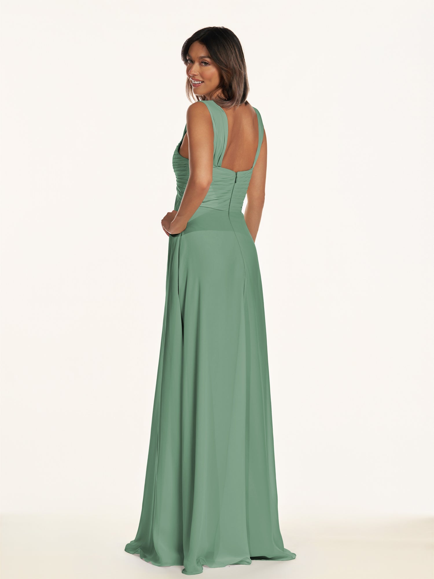 KissDress-Breona Sea Glass A Line Chiffon Off the Shoulder Twisted Long Bridesmaid Dress