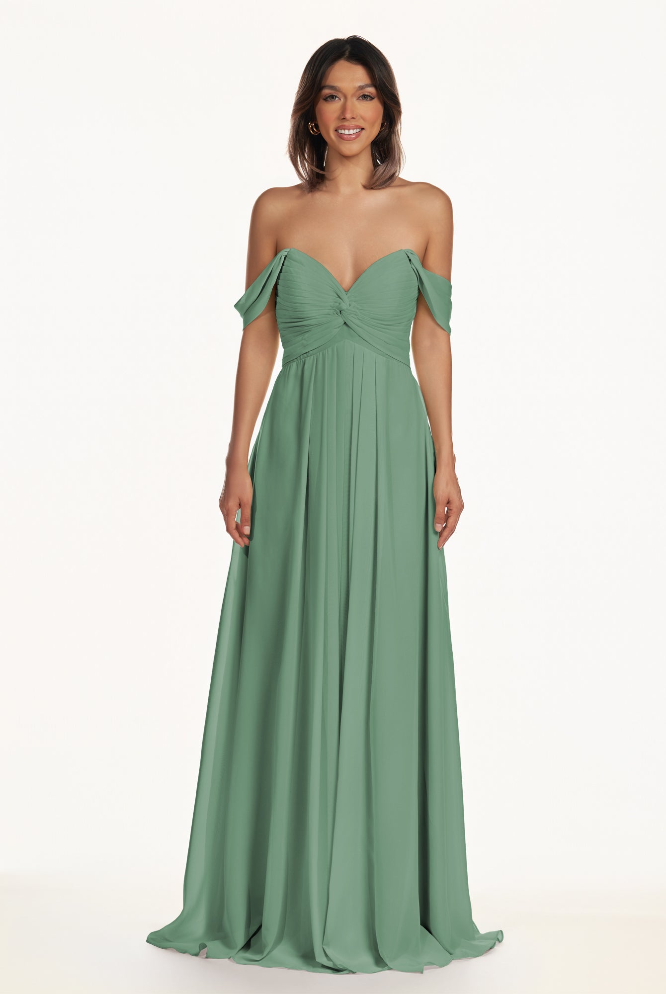 KissDress-Breona Sea Glass A Line Chiffon Off the Shoulder Twisted Long Bridesmaid Dress