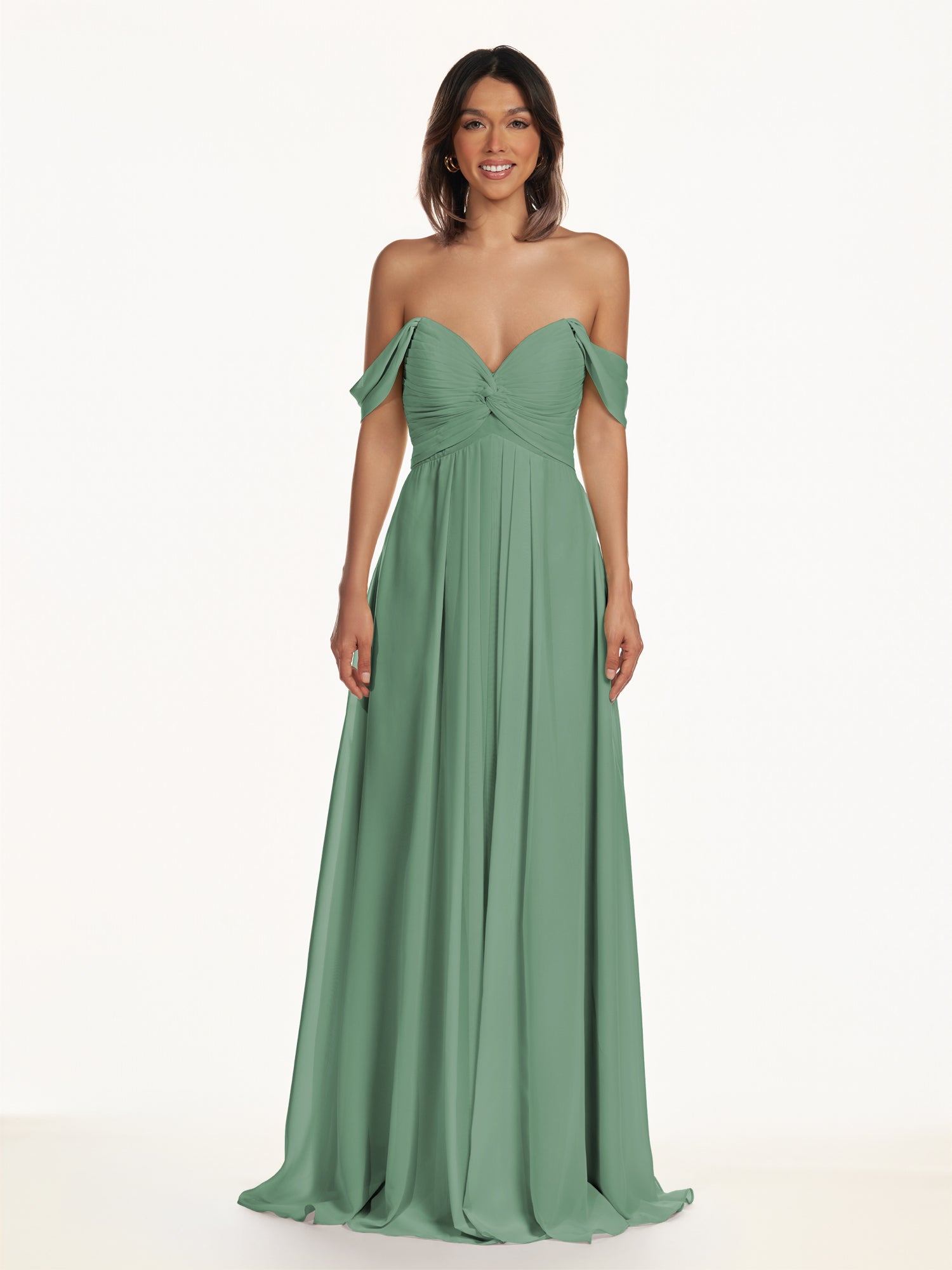 KissDress-Breona Sea Glass A Line Chiffon Off the Shoulder Twisted Long Bridesmaid Dress