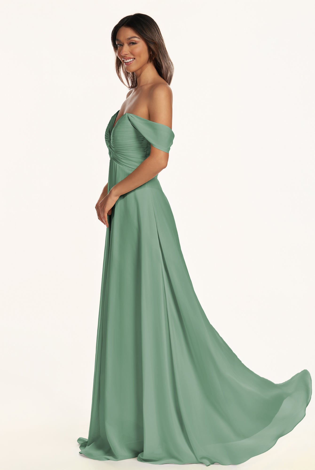 KissDress-Breona Sea Glass A Line Chiffon Off the Shoulder Twisted Long Bridesmaid Dress