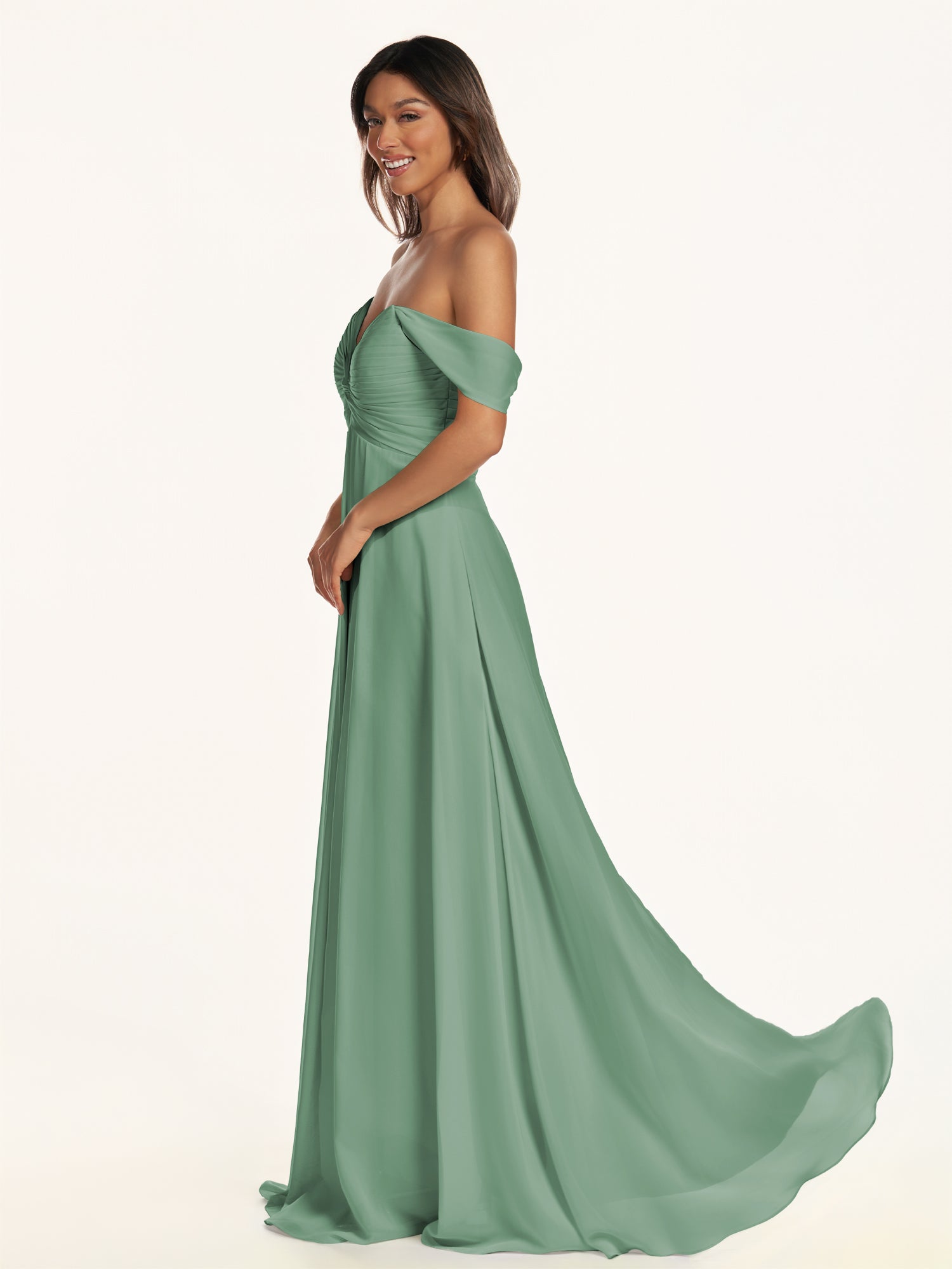 KissDress-Breona Sea Glass A Line Chiffon Off the Shoulder Twisted Long Bridesmaid Dress