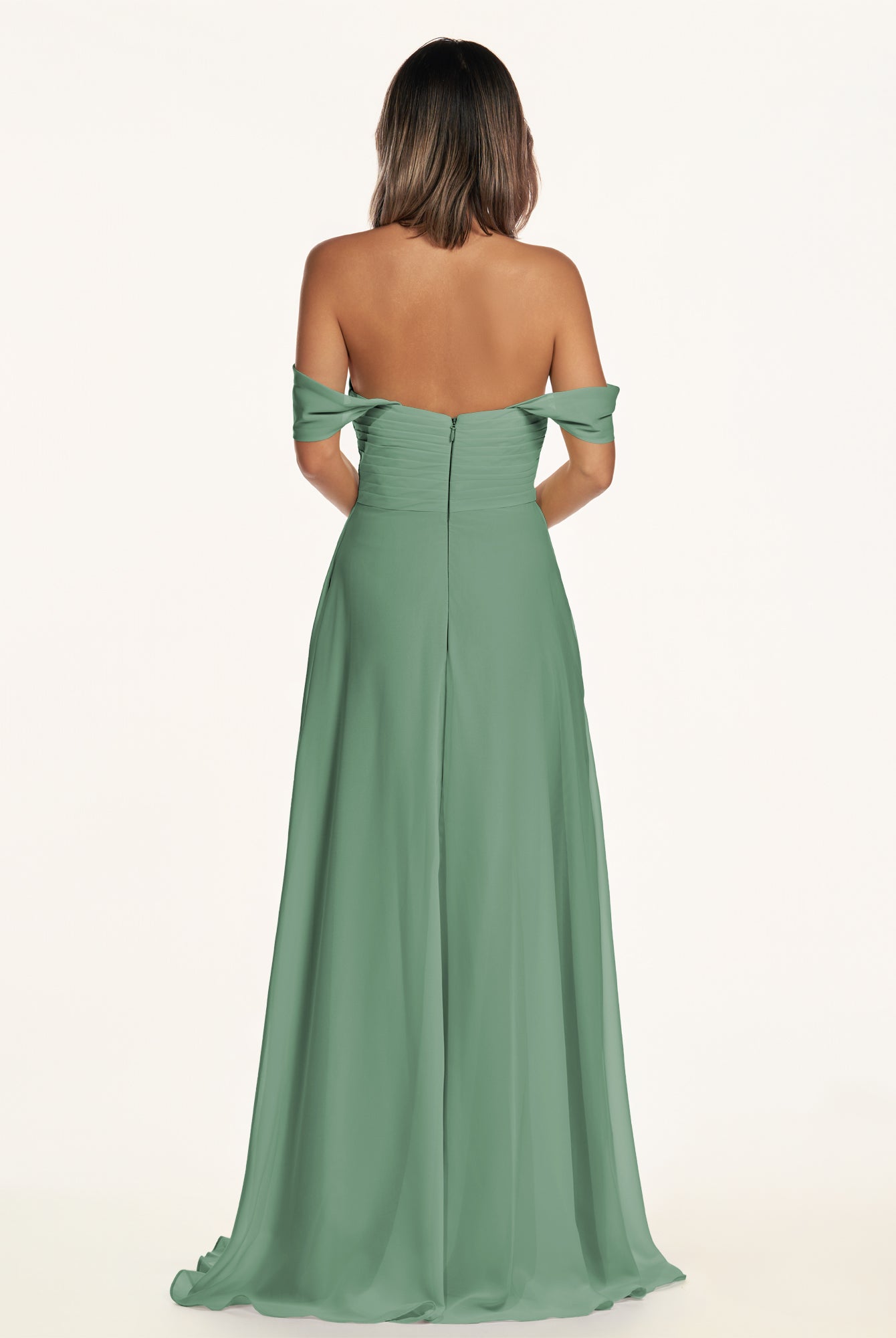 KissDress-Breona Sea Glass A Line Chiffon Off the Shoulder Twisted Long Bridesmaid Dress