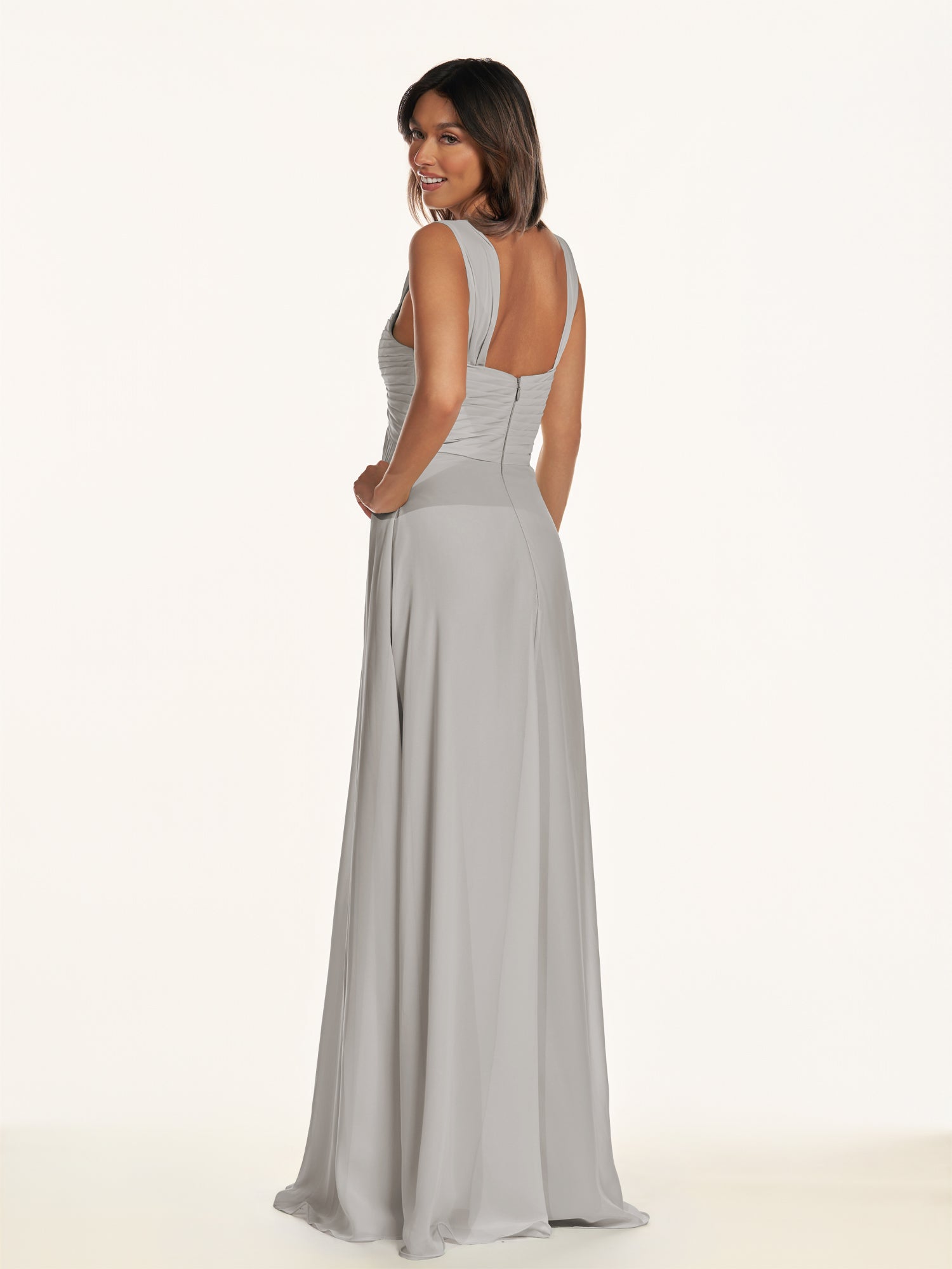 KissDress-Breona Silver A Line Chiffon Off the Shoulder Twisted Long Bridesmaid Dress