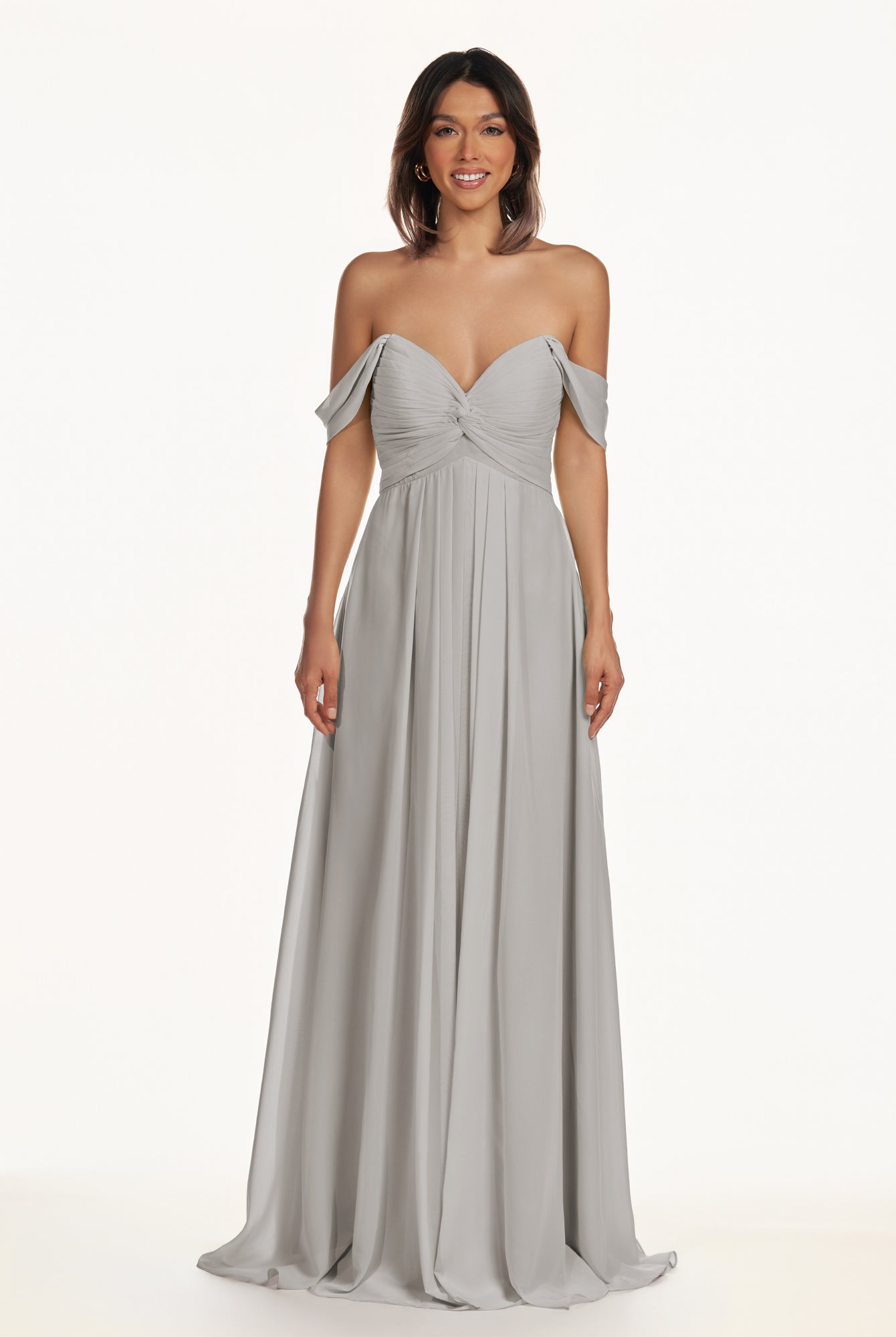 KissDress-Breona Silver A Line Chiffon Off the Shoulder Twisted Long Bridesmaid Dress