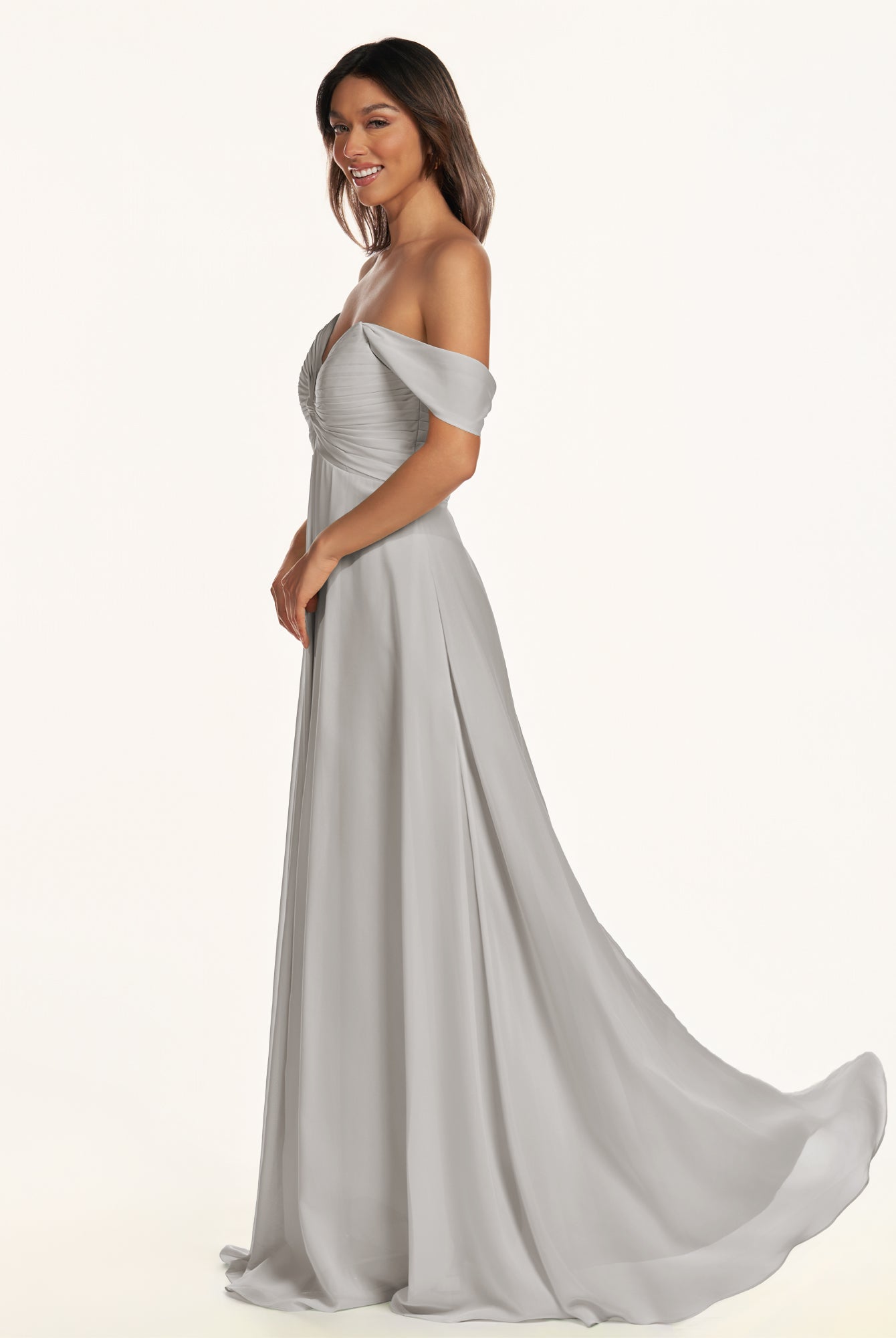 KissDress-Breona Silver A Line Chiffon Off the Shoulder Twisted Long Bridesmaid Dress