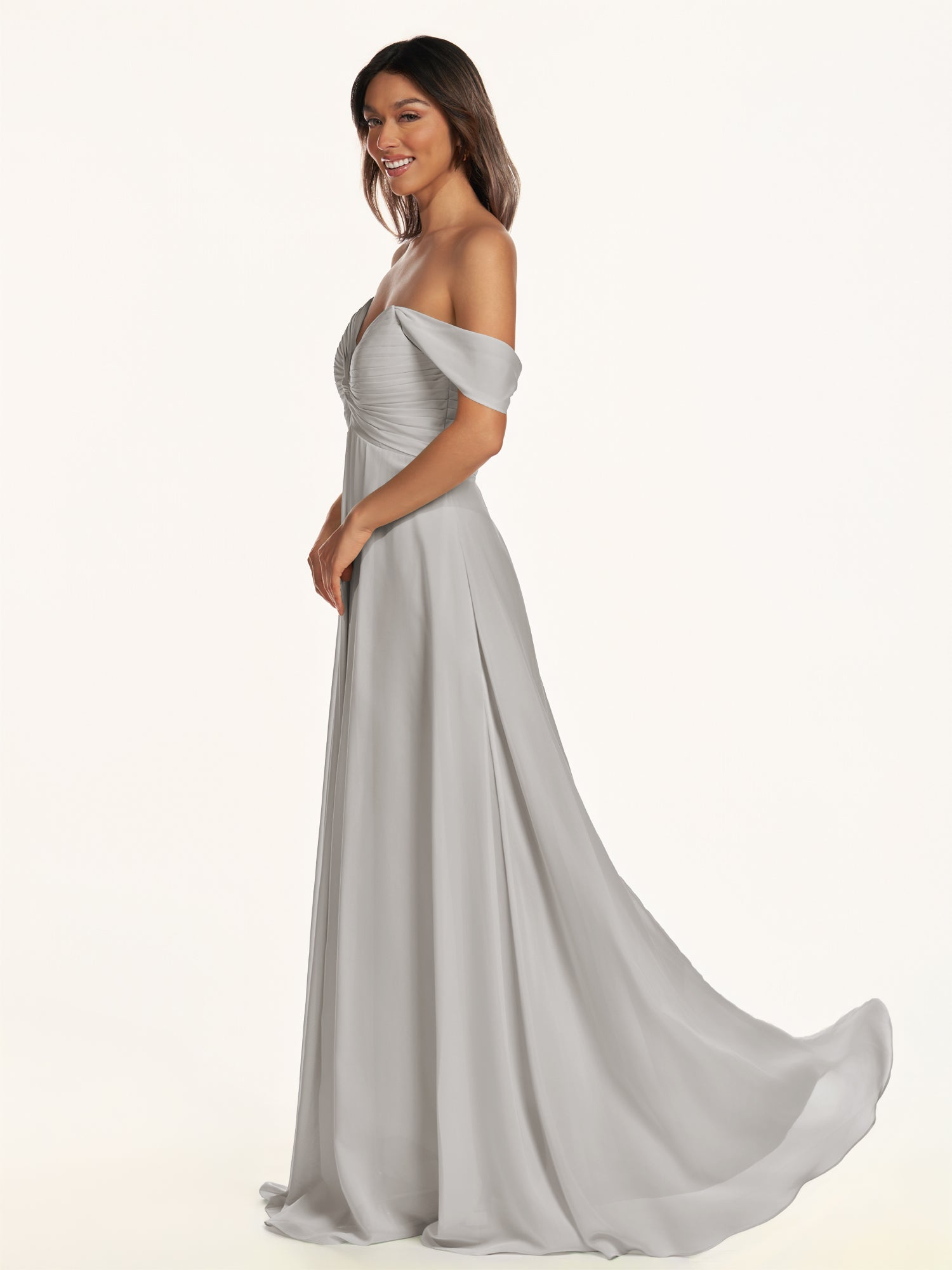 KissDress-Breona Silver A Line Chiffon Off the Shoulder Twisted Long Bridesmaid Dress