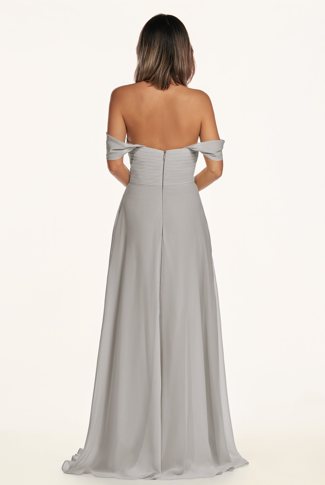 KissDress-Breona Silver A Line Chiffon Off the Shoulder Twisted Long Bridesmaid Dress